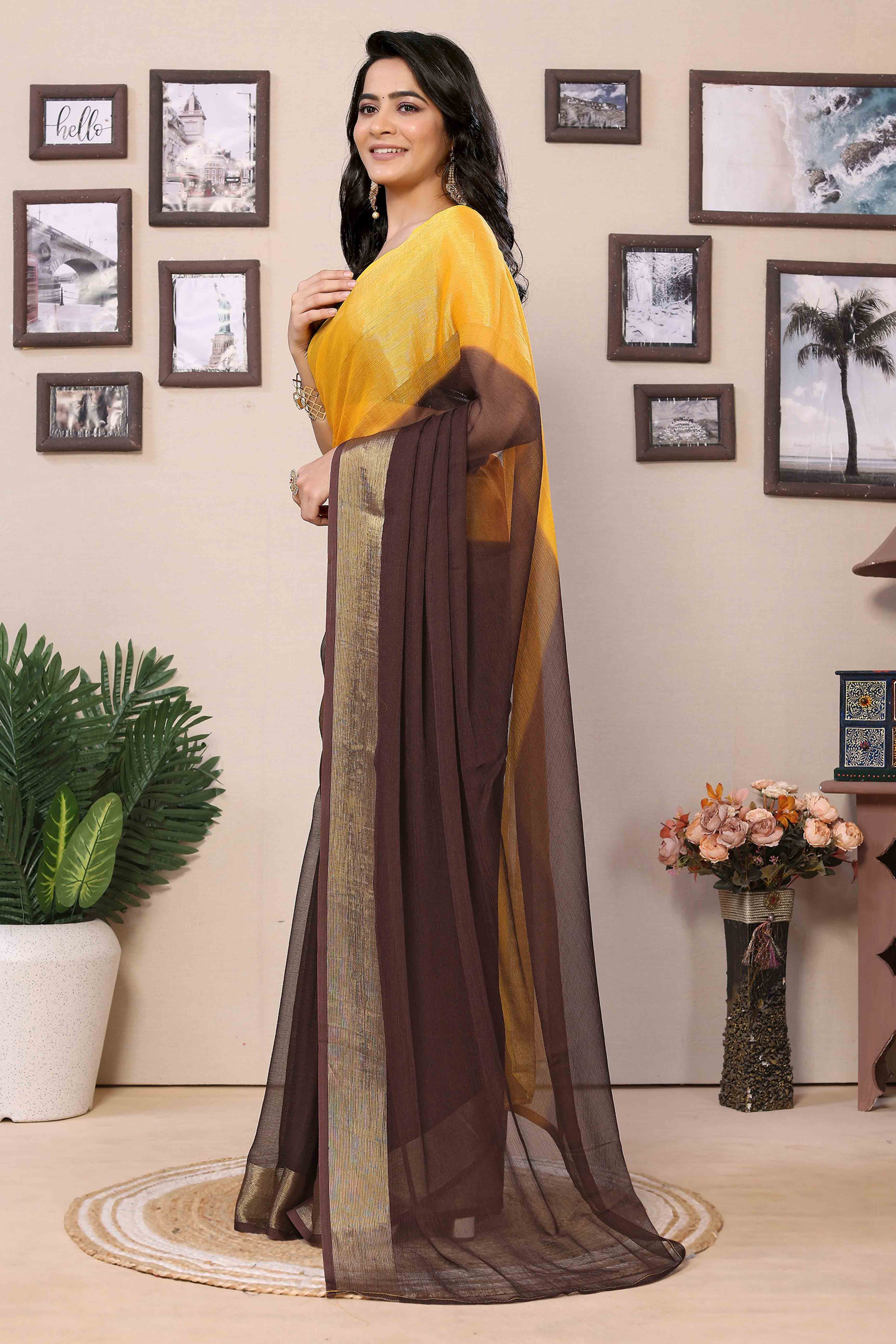 Brown & Yellow Solid With Zari Woven Border Chiffon Ready To Wear Ombre Saree