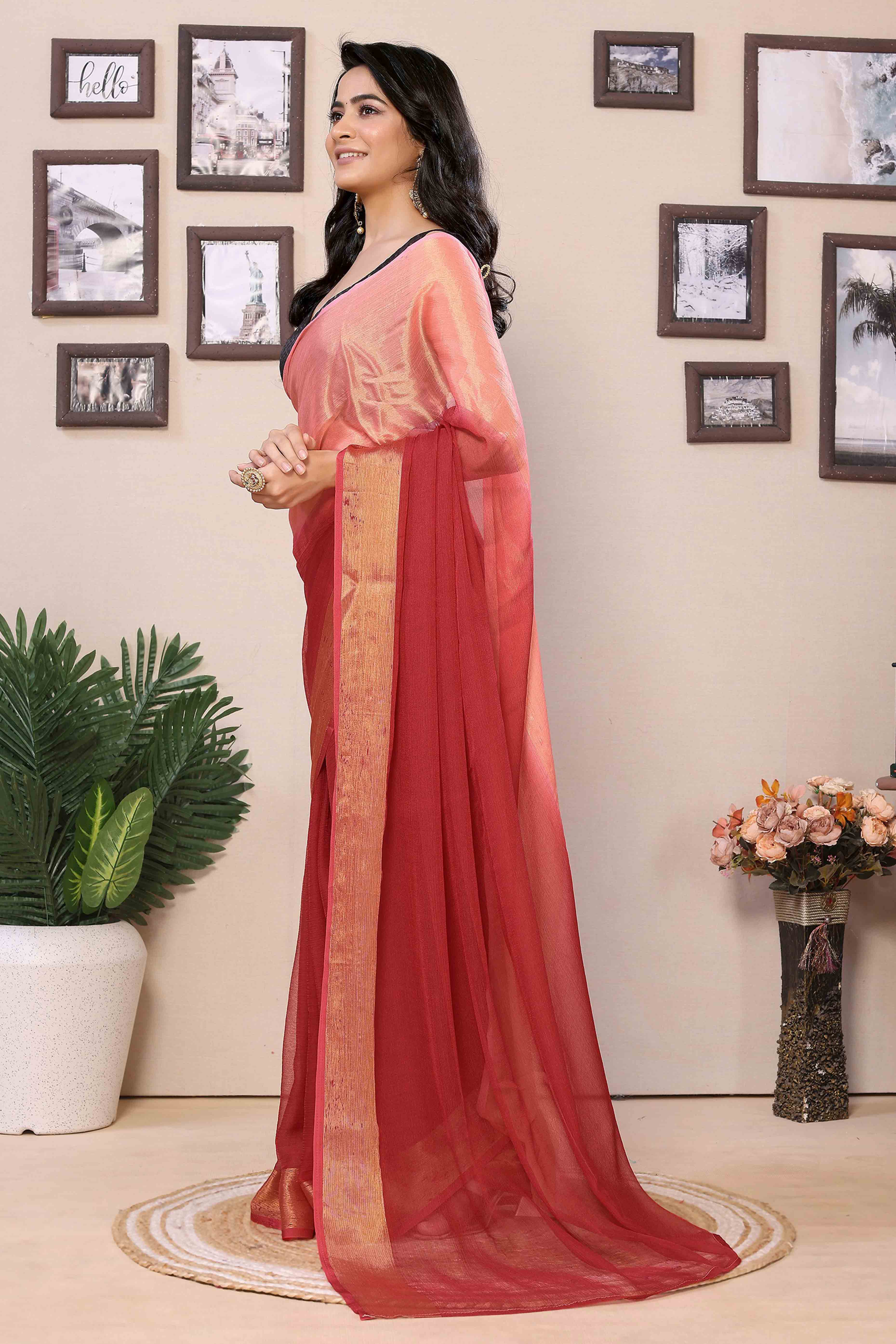 Red & Peach Solid With Zari Woven Border Chiffon Ready To Wear Ombre Saree