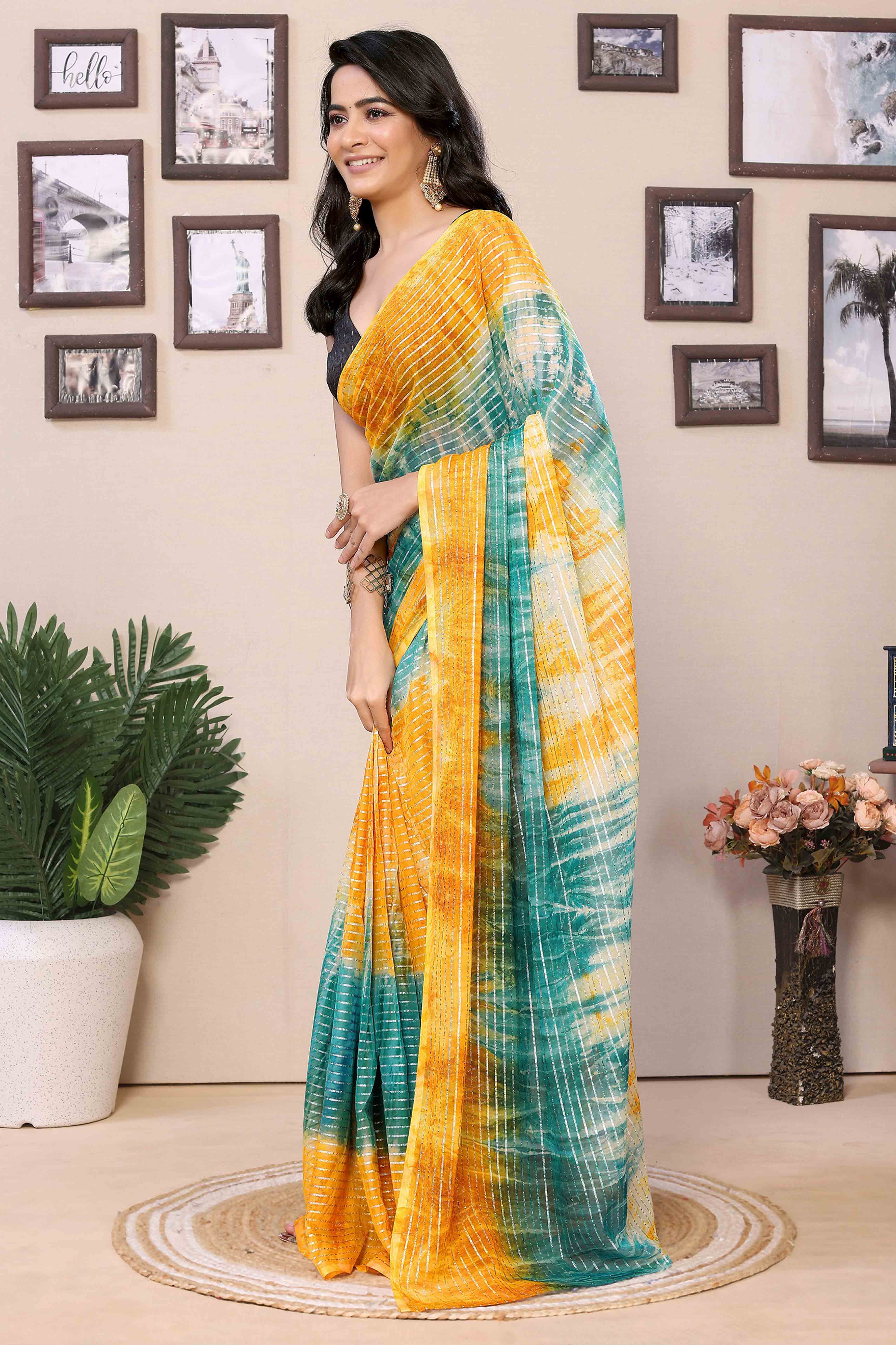 Yellow & Blue Striped Zari With Digital Printed Georgette Ready To Wear Saree