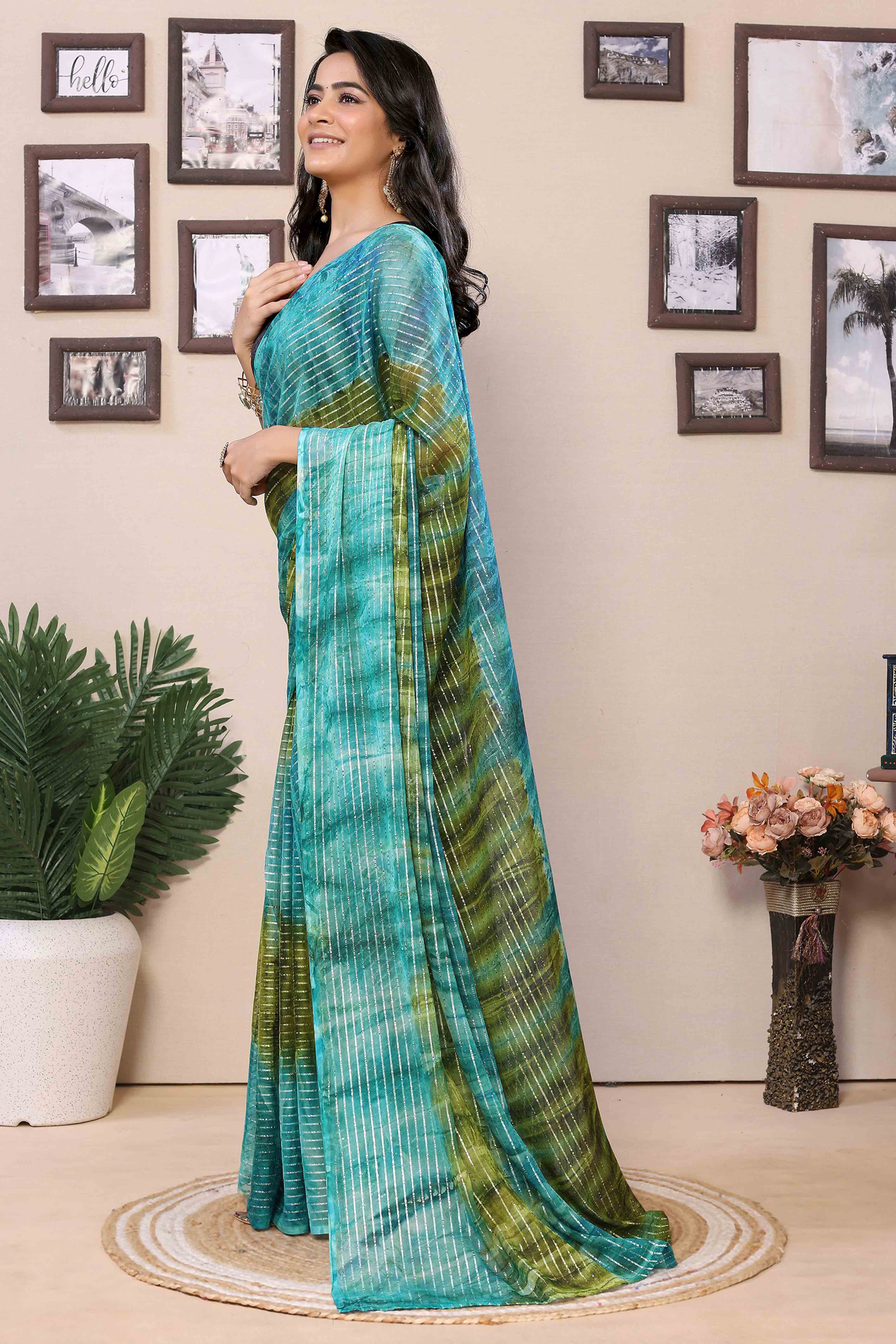 Blue & Green Striped Zari With Digital Printed Georgette Ready To Wear Saree