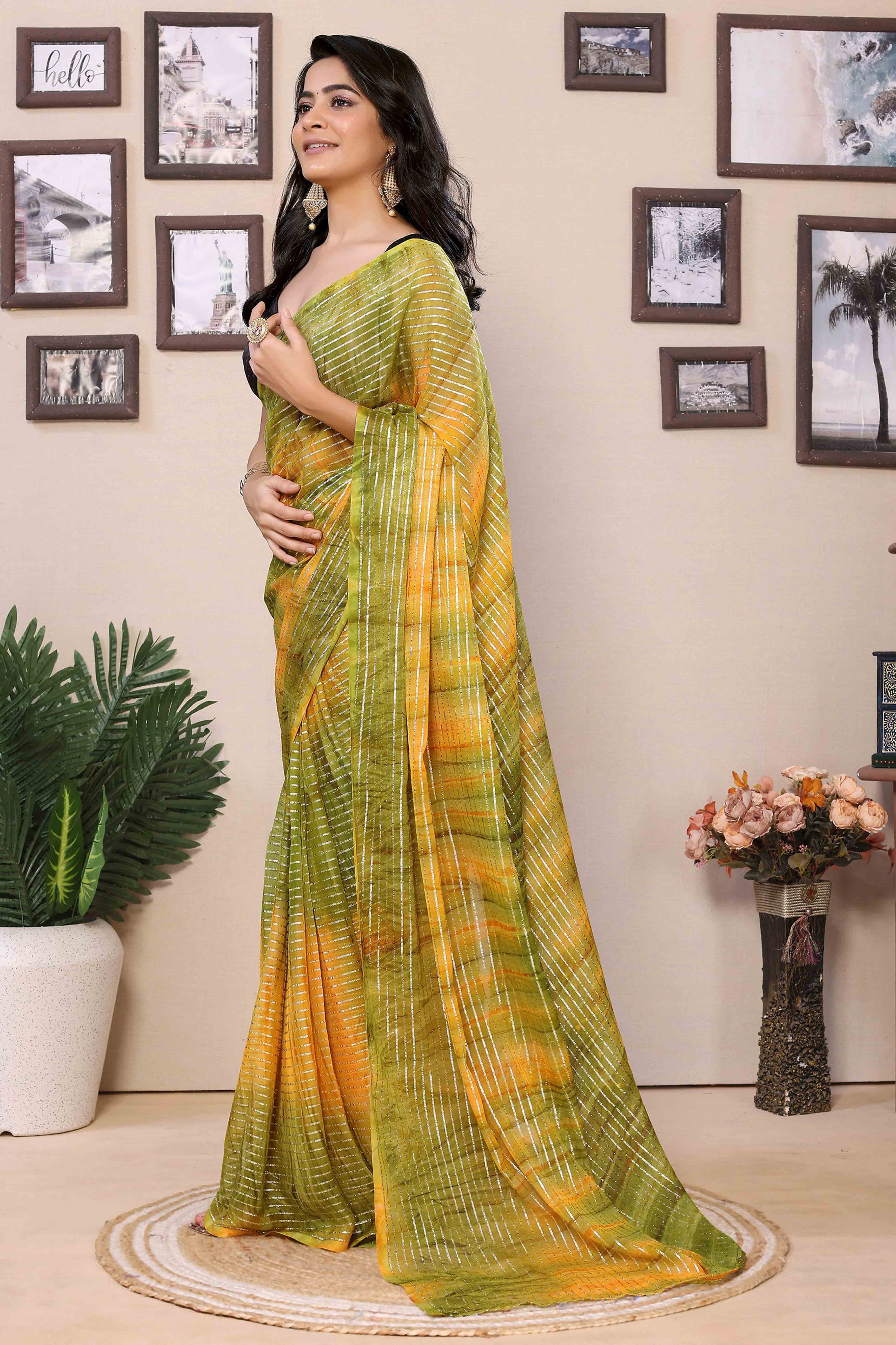 Yellow & Green Striped Zari With Digital Printed Georgette Ready To Wear Saree