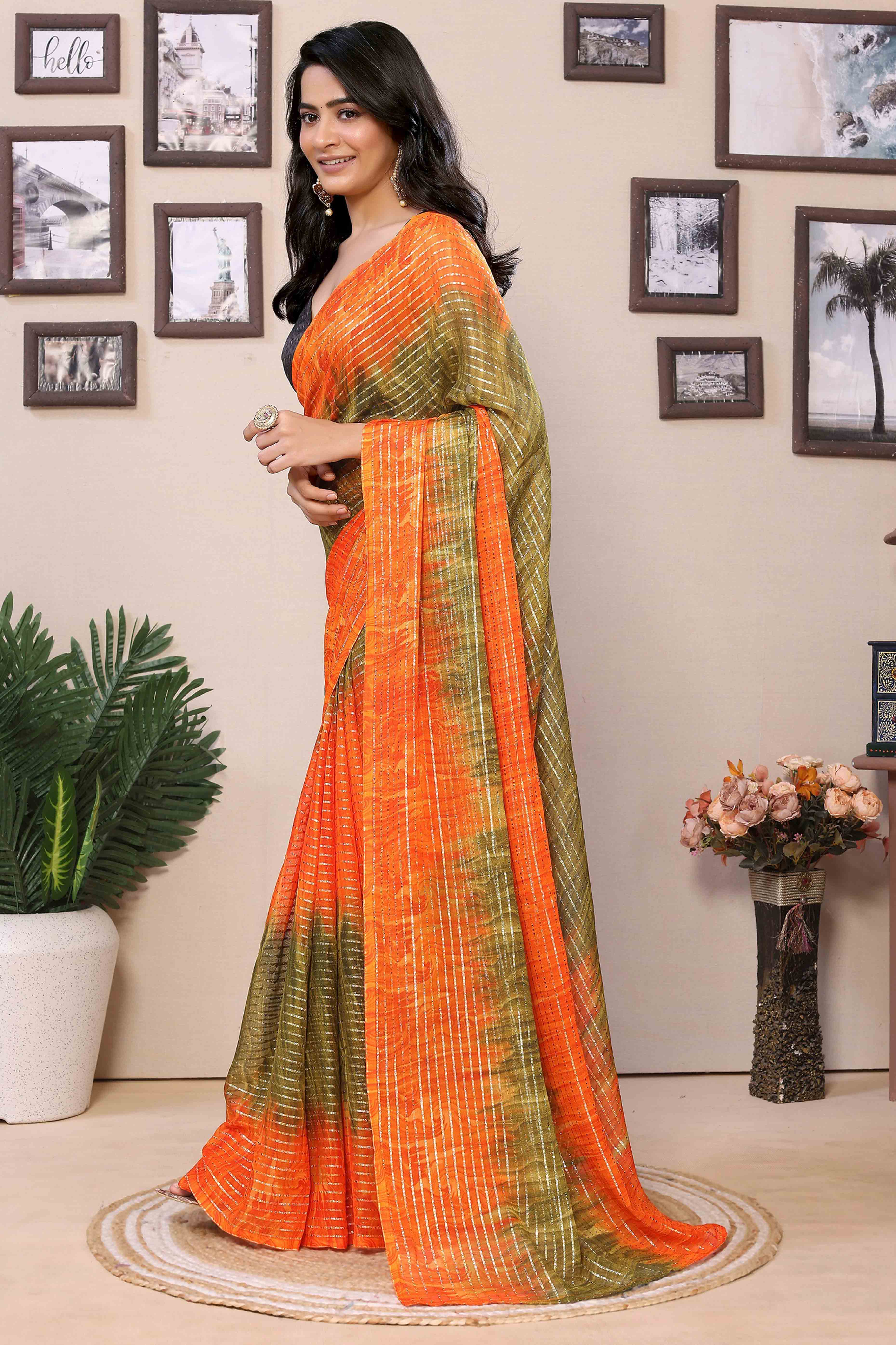 Orange & Green Striped Zari With Digital Printed Georgette Ready To Wear Saree