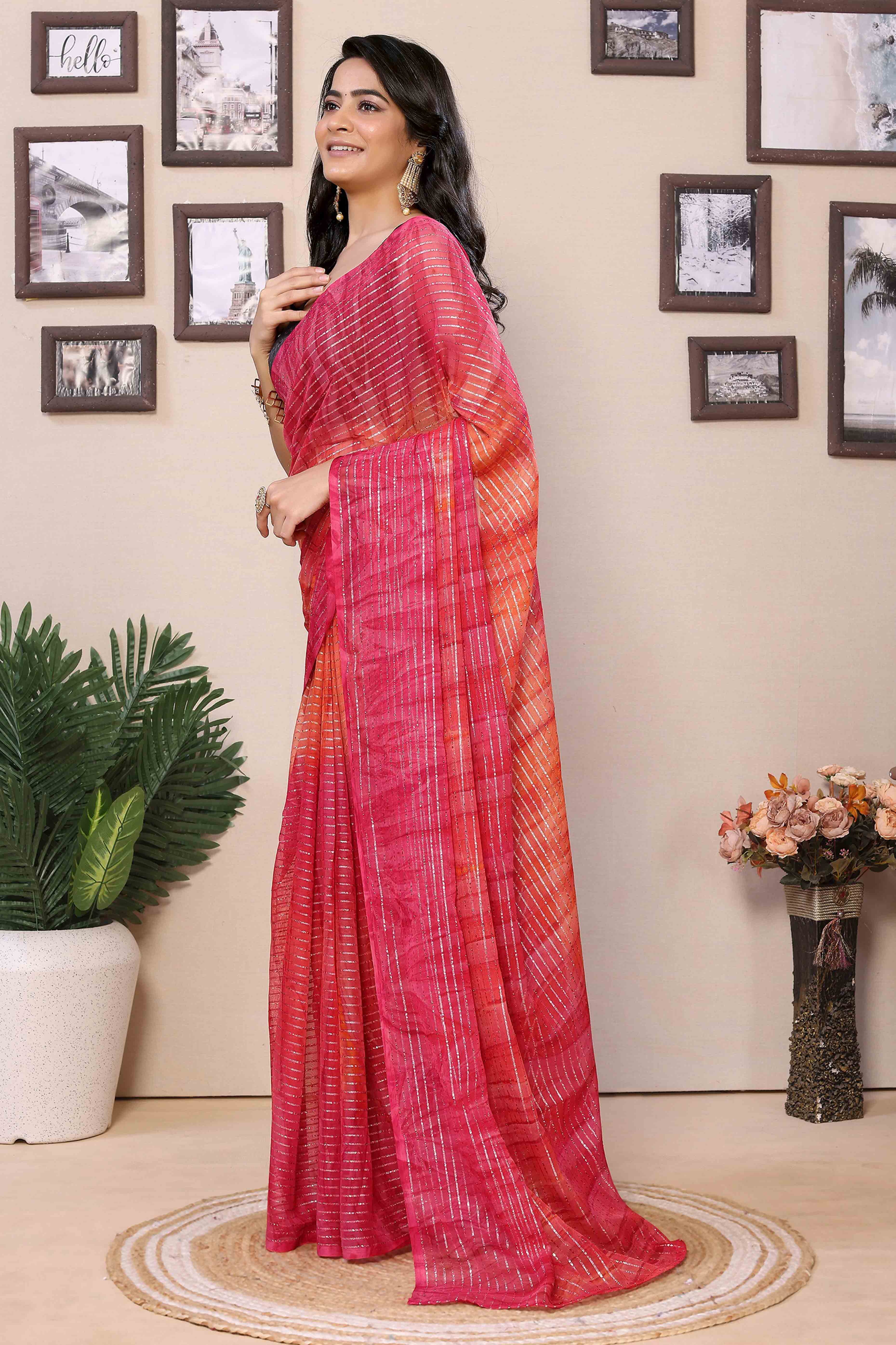 Magenta & Orange Striped Zari With Digital Printed Georgette Ready To Wear Saree