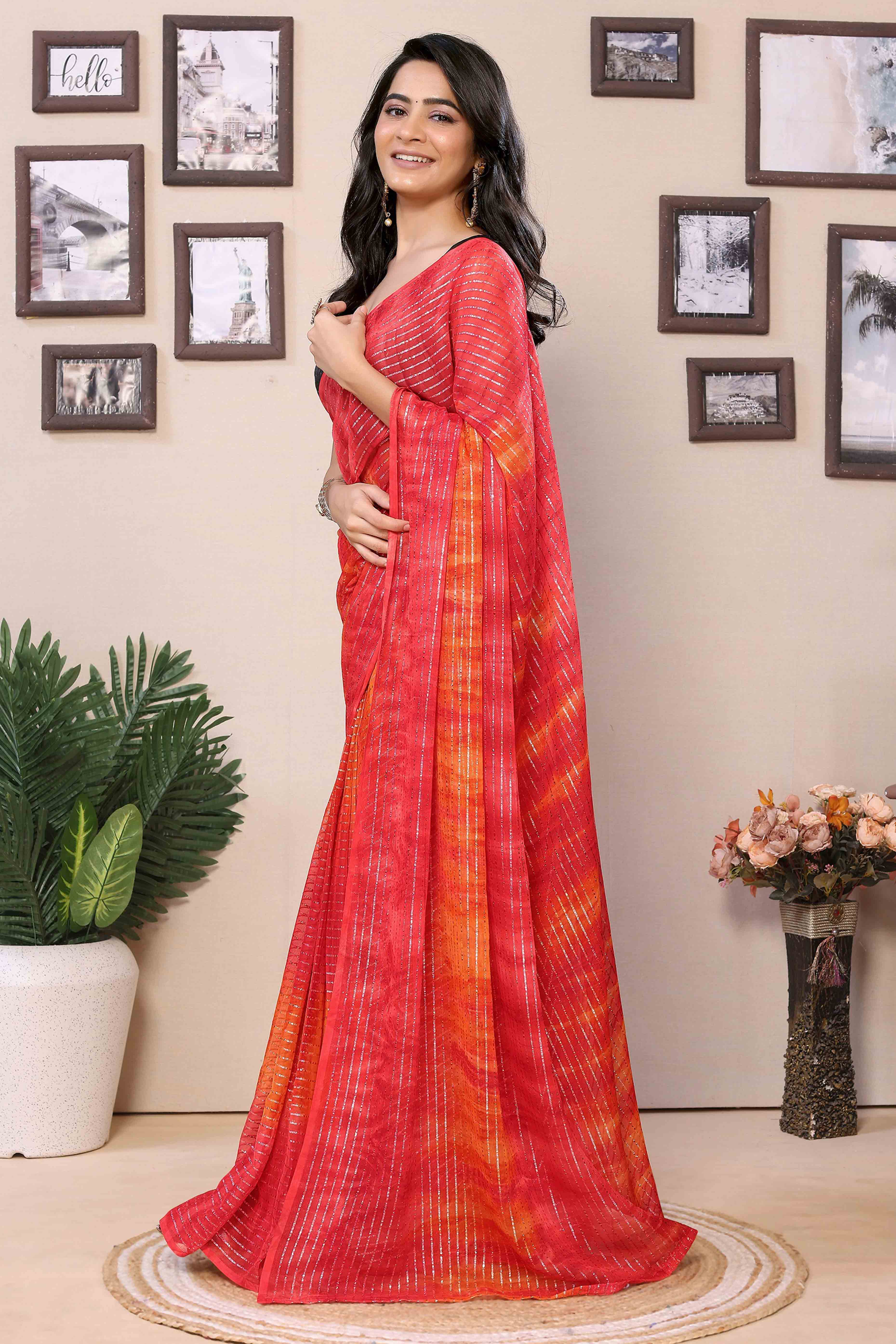 Pink & Orange Striped Zari With Digital Printed Georgette Ready To Wear Saree