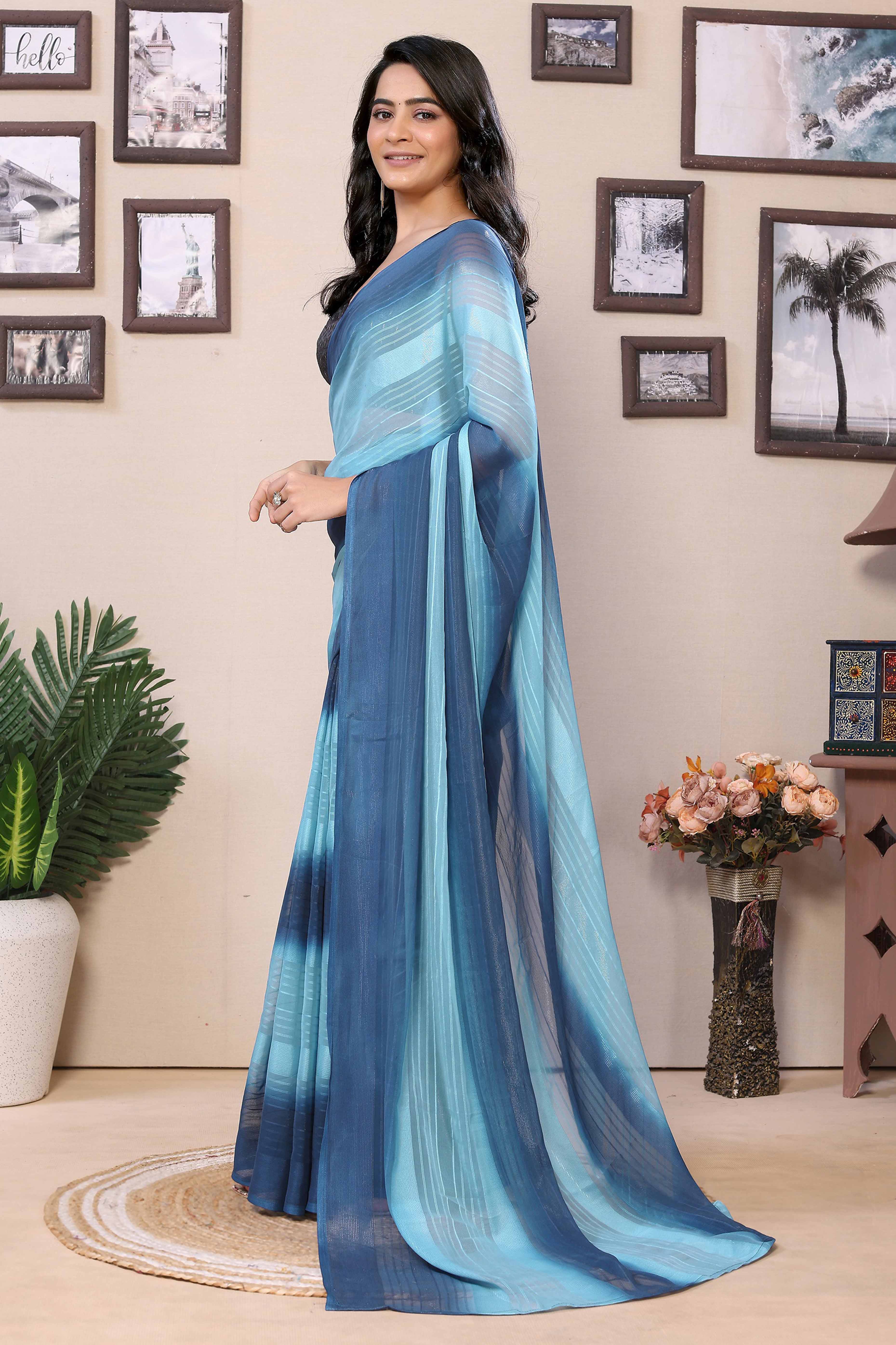 Blue Striped Zari With Digital Printed Georgette Ready To Wear Saree