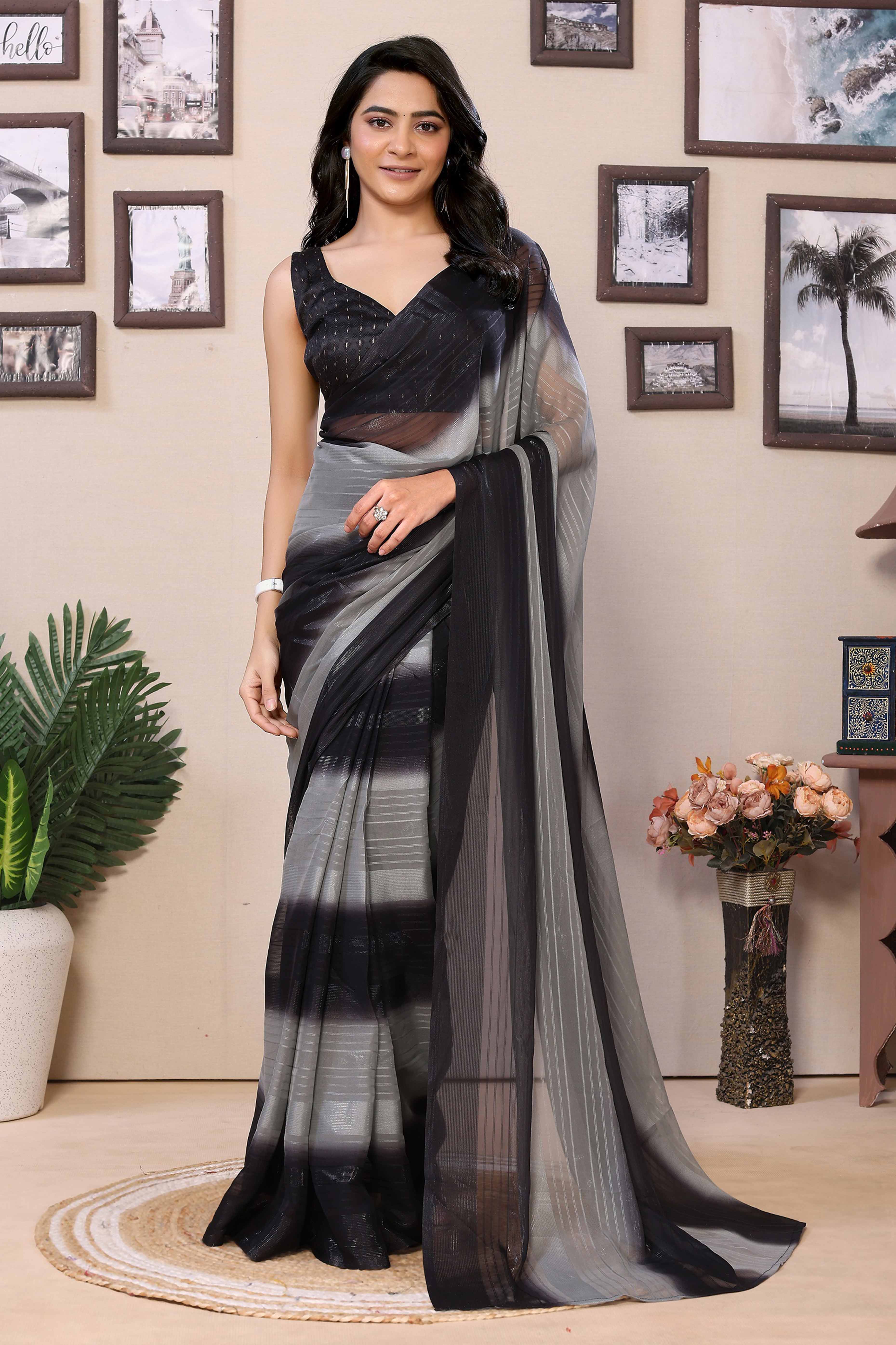 Black & Grey Striped Zari With Digital Printed Georgette Ready To Wear Saree