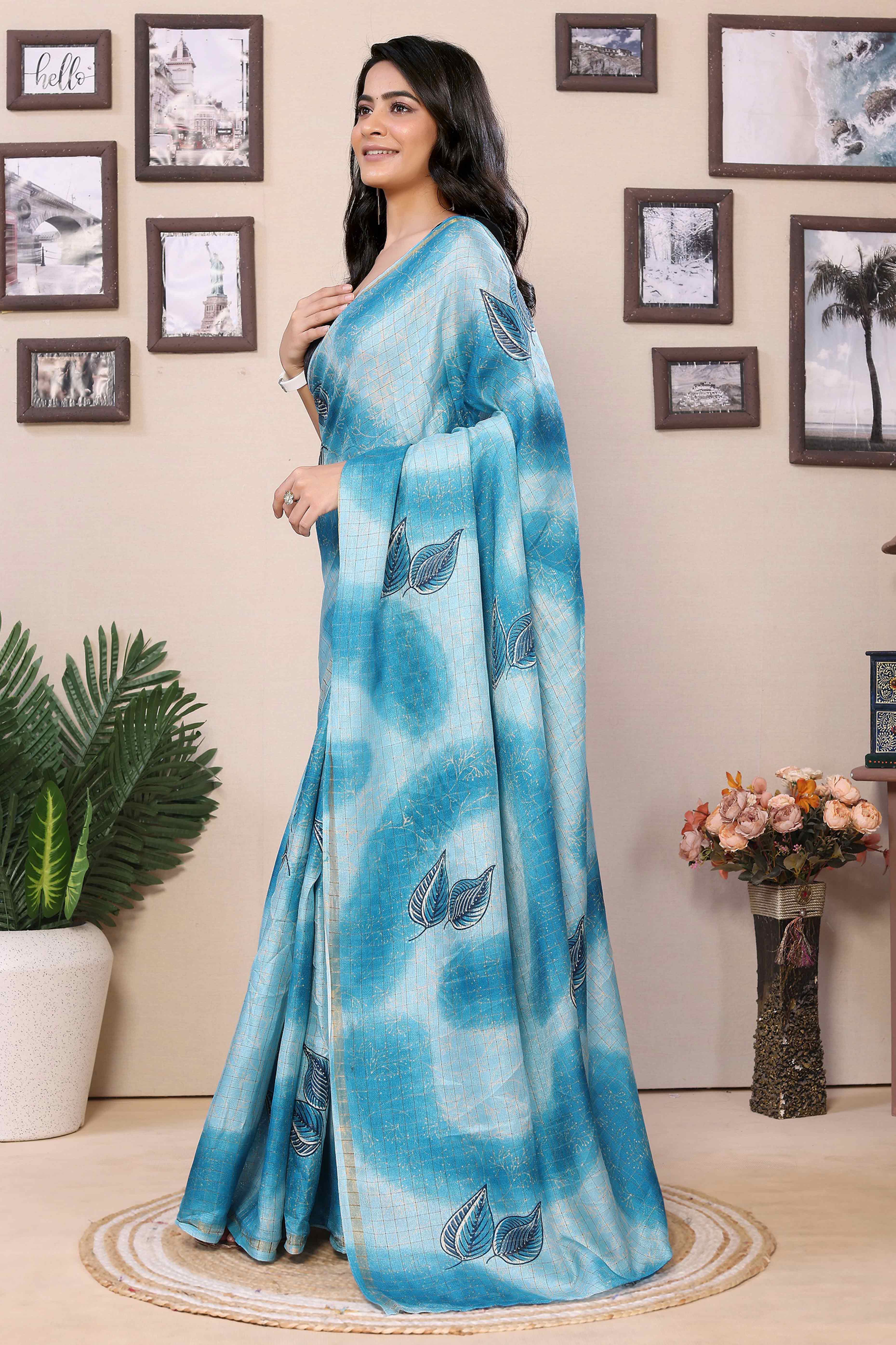 Blue Woven With Printed Silk Ready To Wear Saree