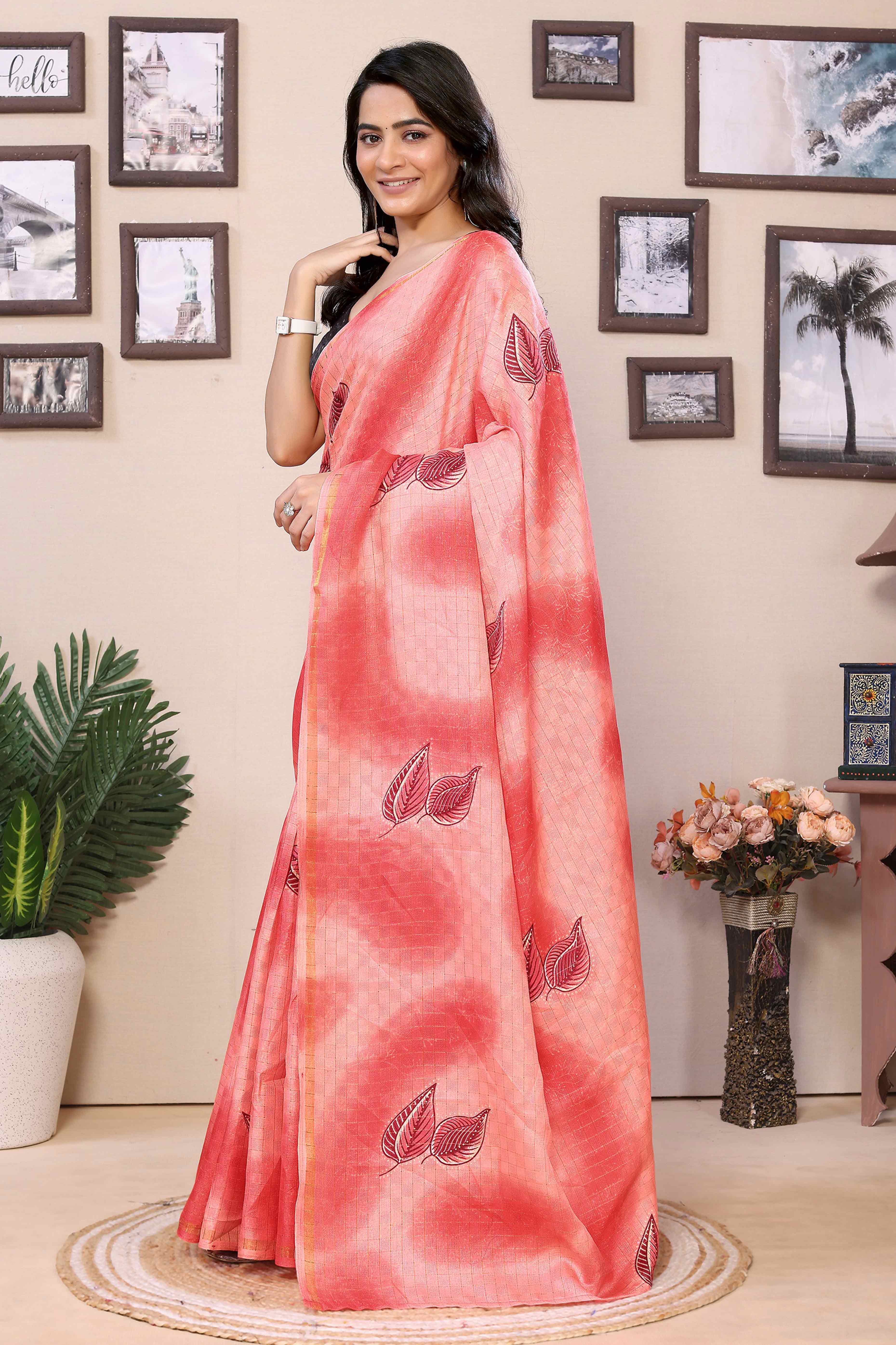 Peach & Red Woven With Printed Silk Ready To Wear Saree