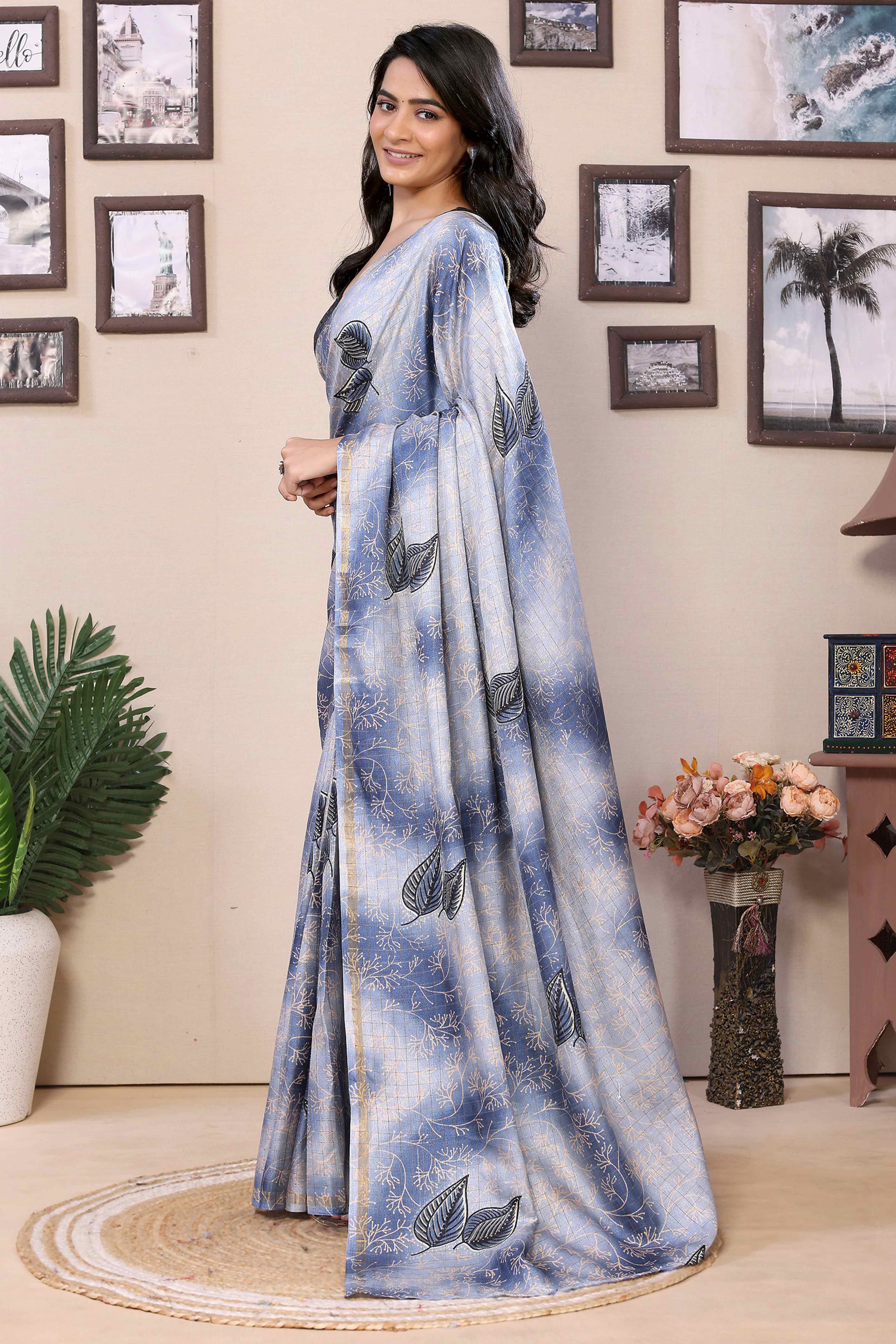 Navy Blue Woven With Printed Silk Ready To Wear Saree