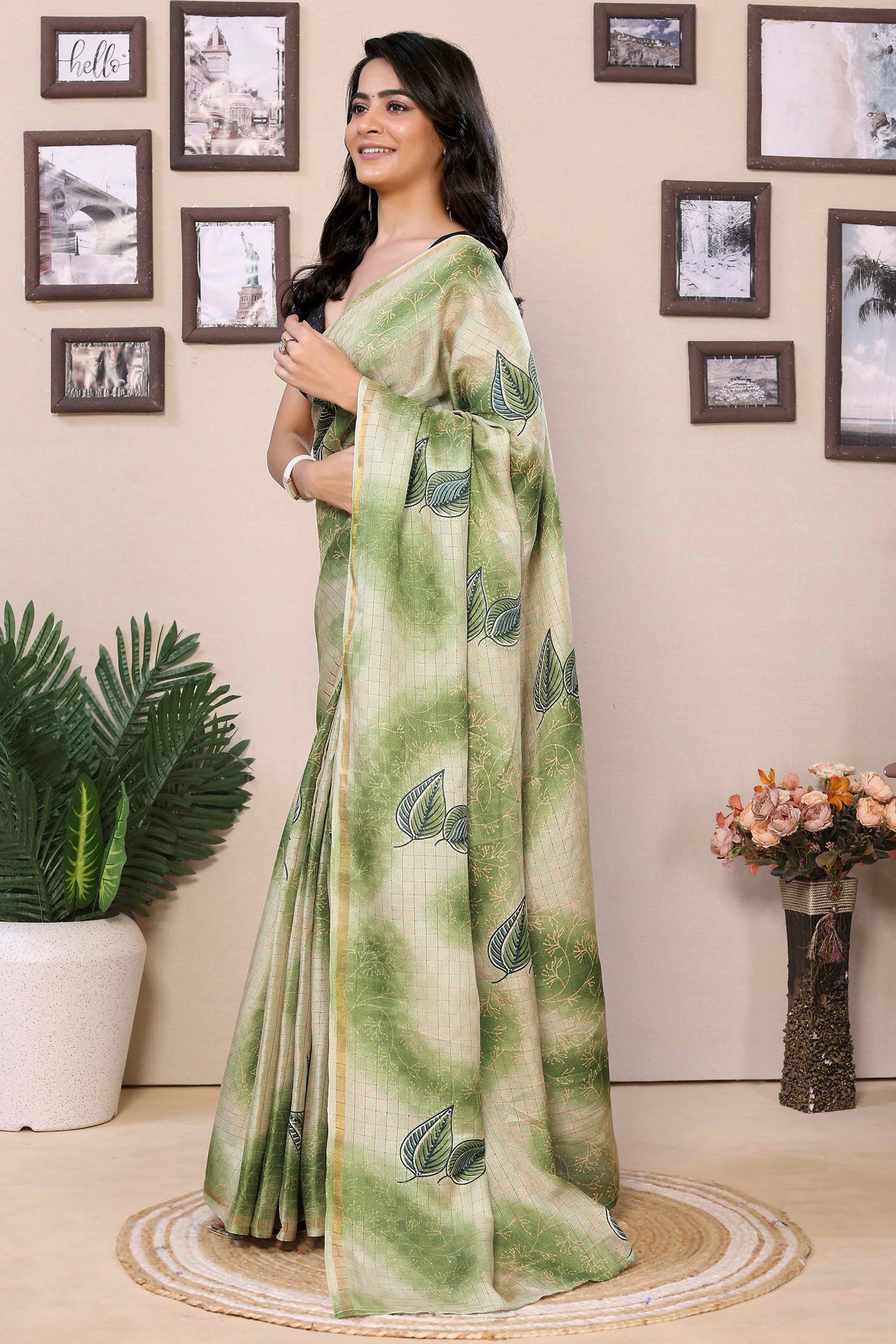 Green Woven With Printed Silk Ready To Wear Saree