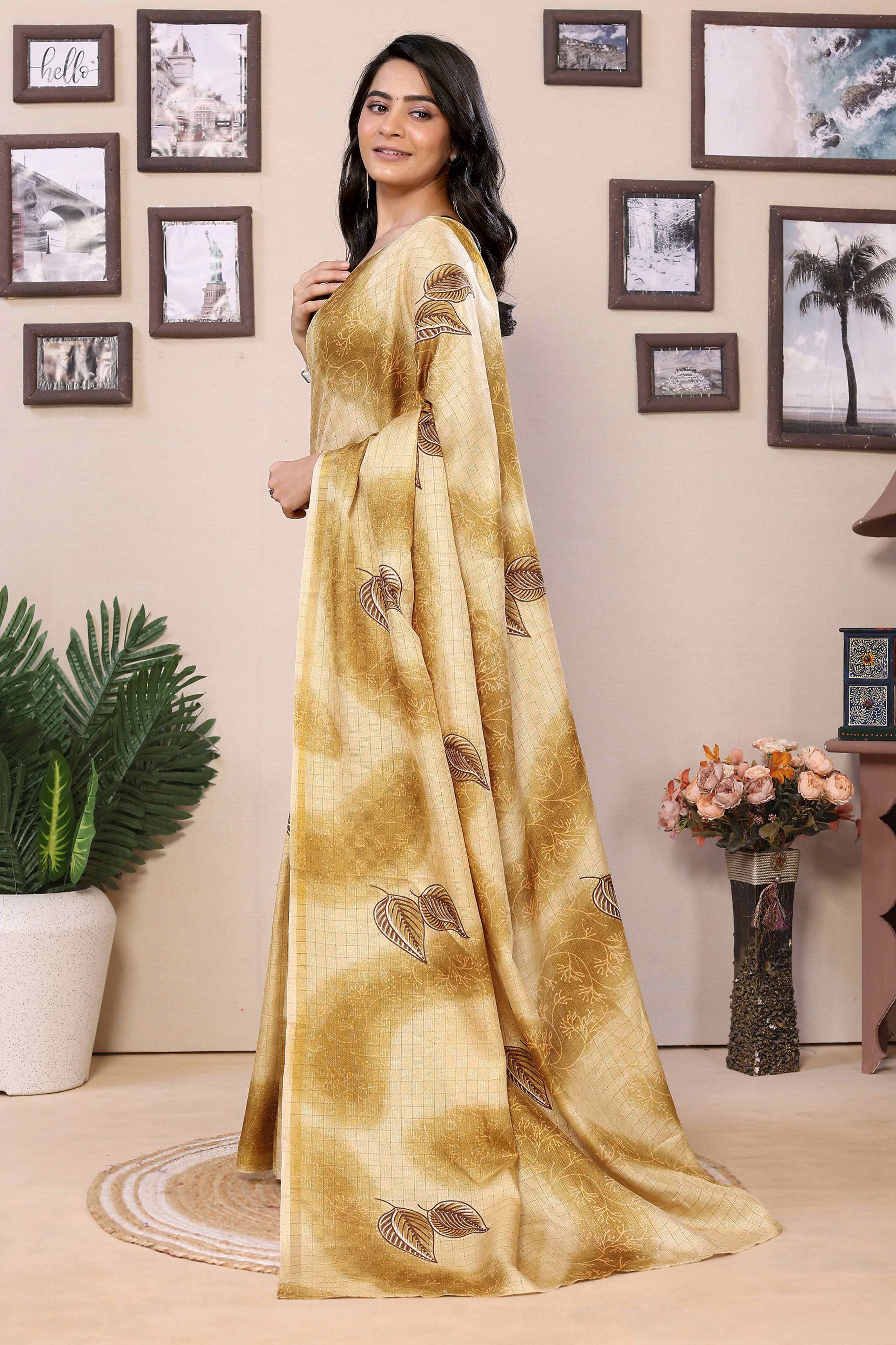 Mustard Woven With Printed Silk Ready To Wear Saree