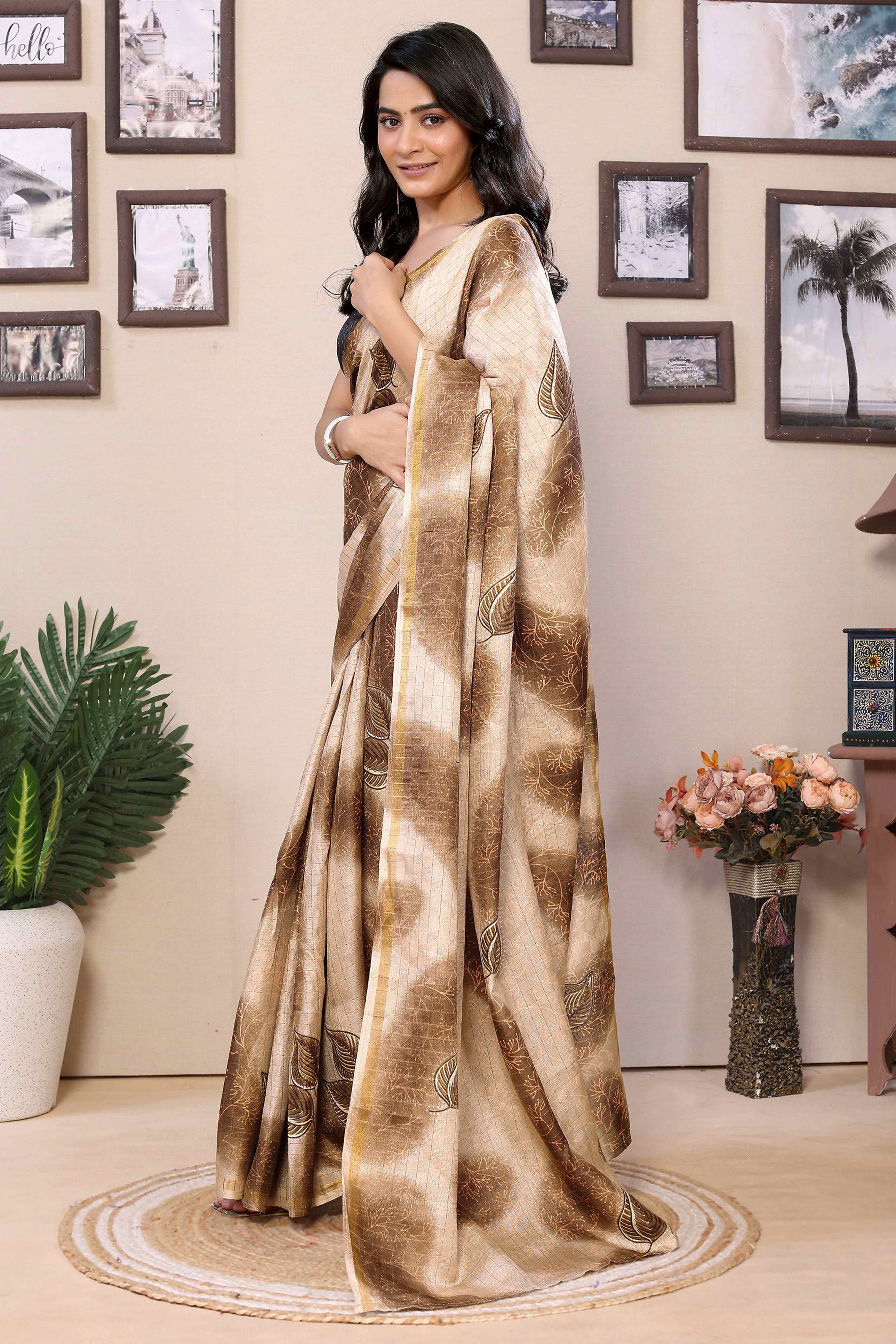 Brown Woven With Printed Silk Ready To Wear Saree