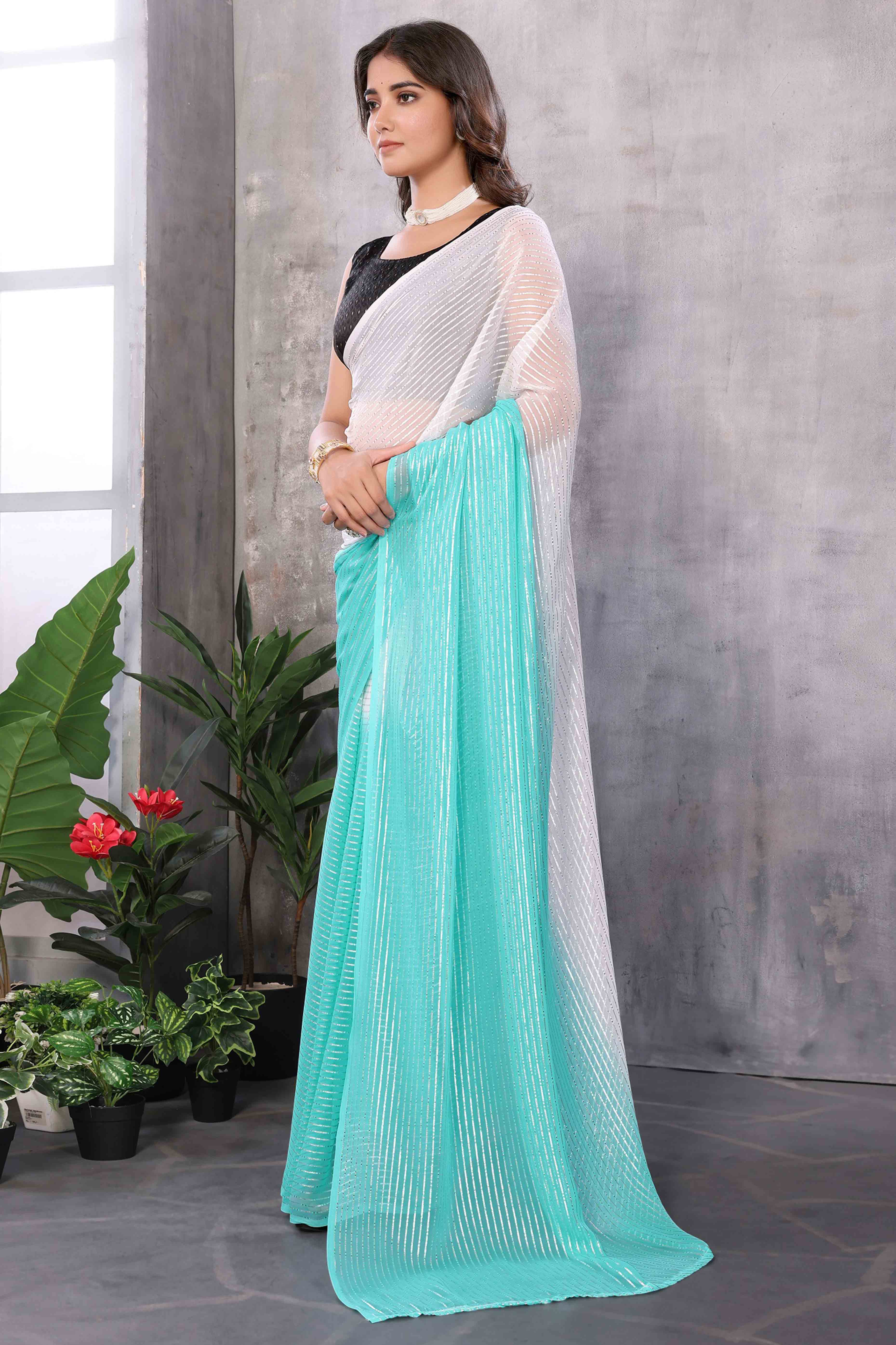 Sky Blue Striped Zari Woven Art Silk Ready To Wear Saree