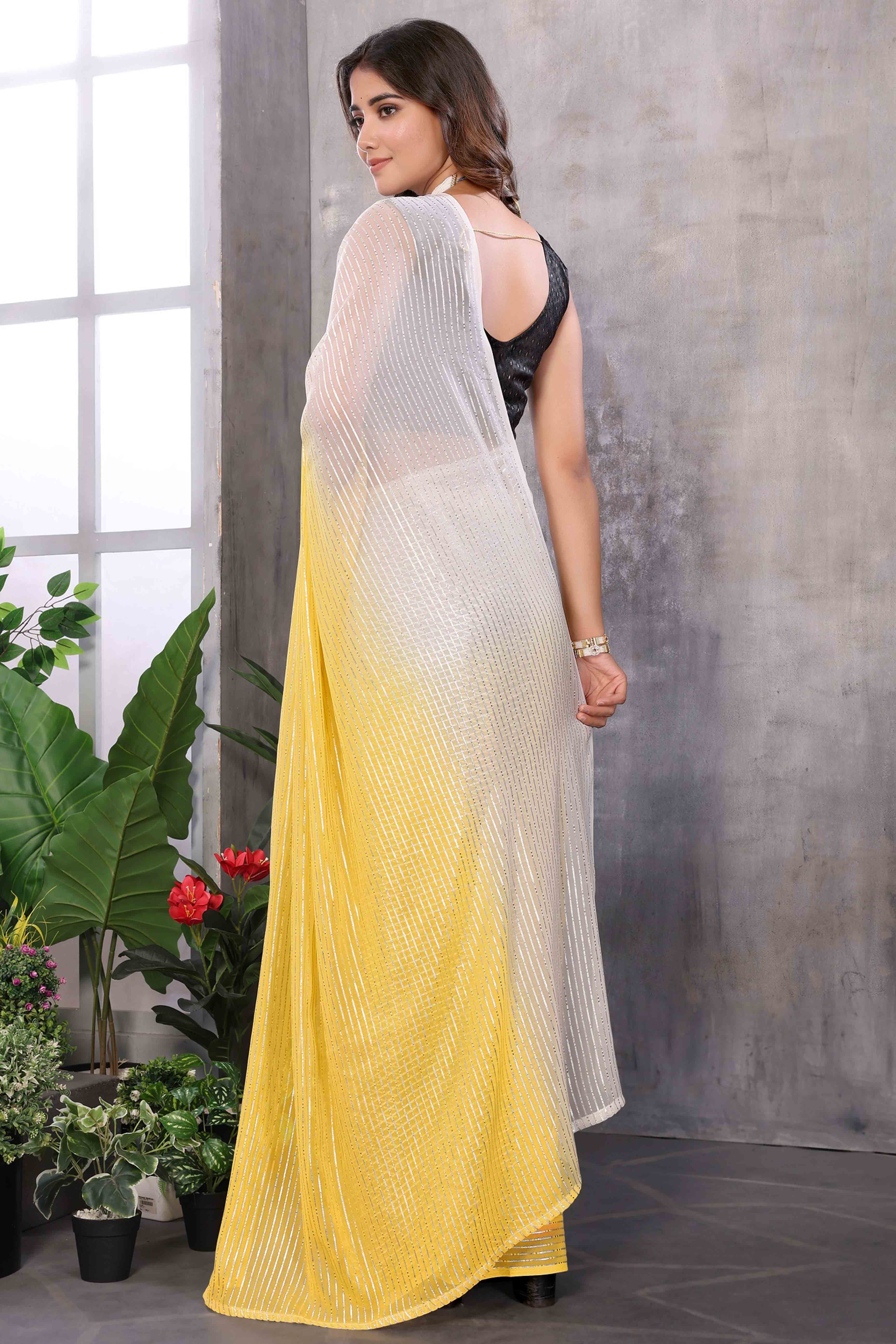 Yellow Striped Zari Woven Art Silk Ready To Wear Saree