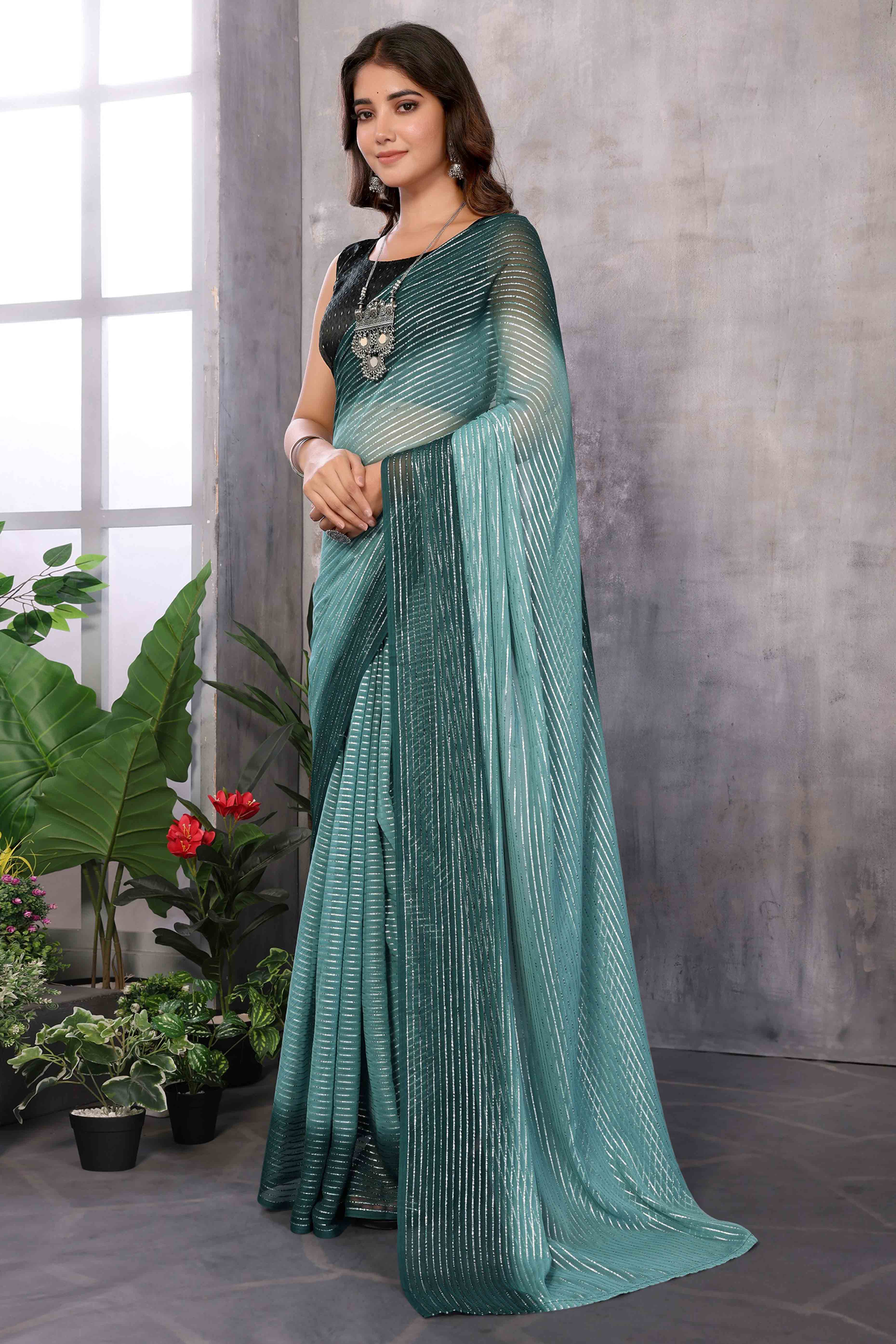 Teal Striped Zari Woven Art Silk Ready To Wear Saree