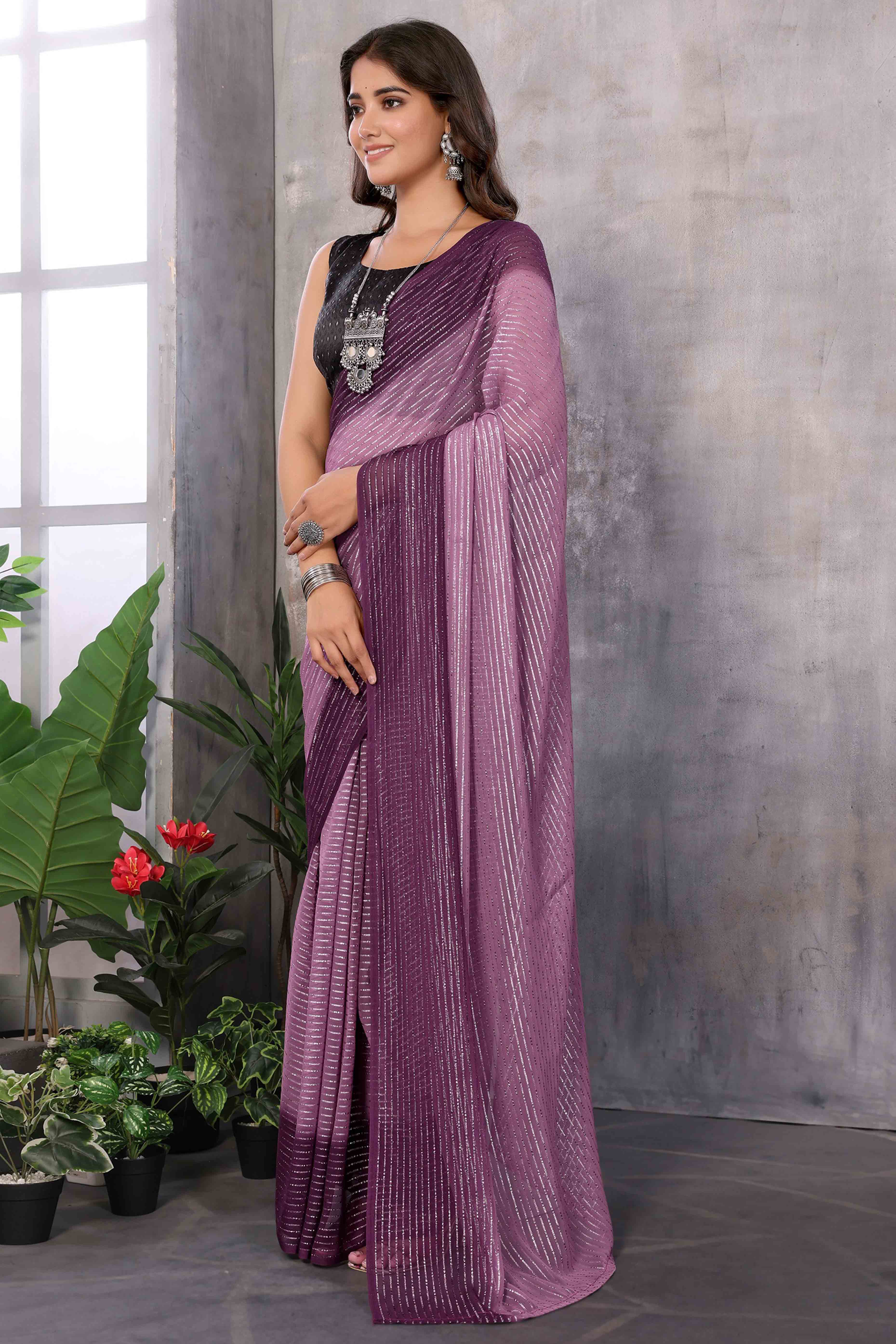 Purple Striped Zari Woven Art Silk Ready To Wear Saree