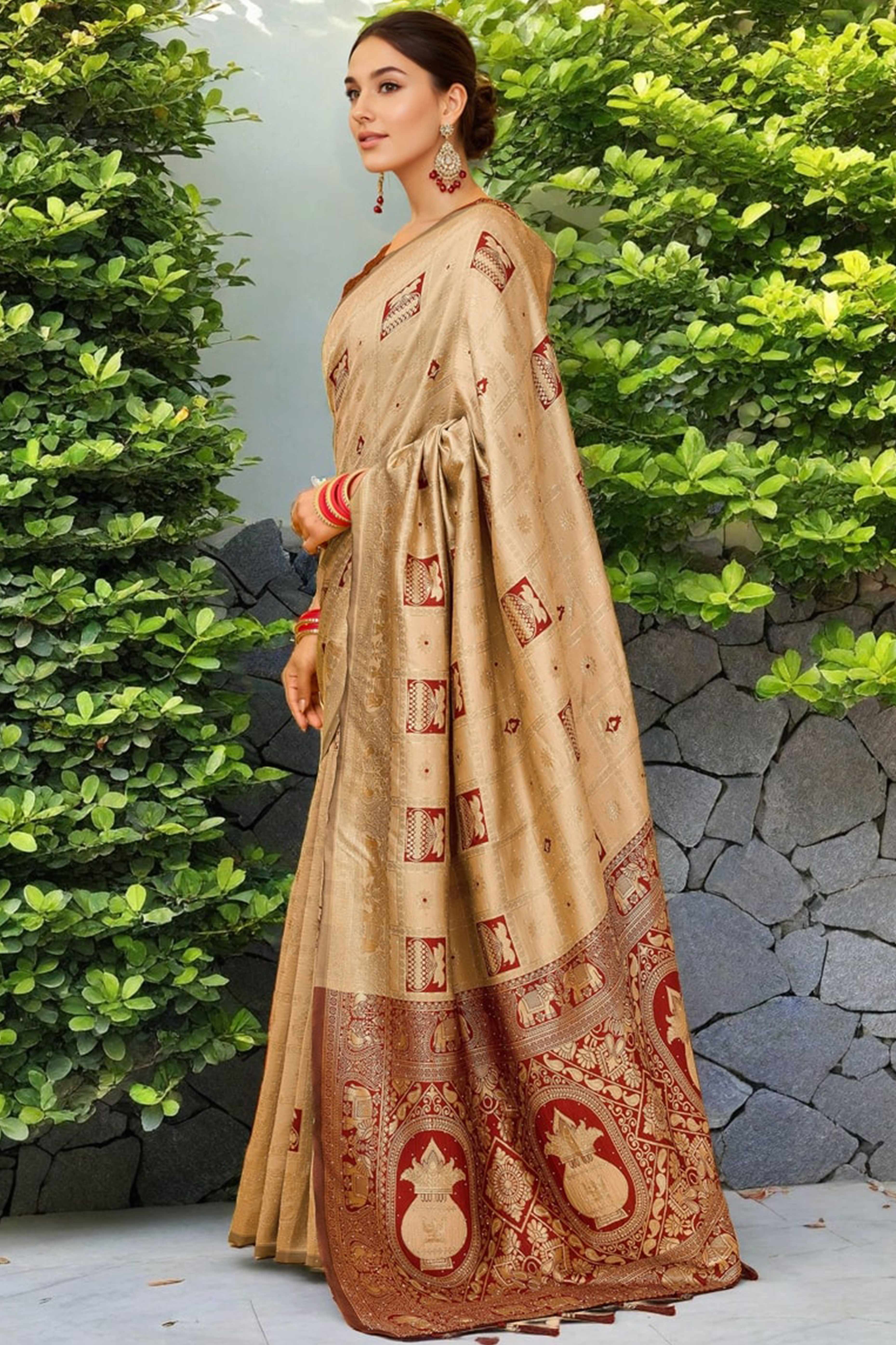Chikoo Floral Weaving Paithani Saree In Soft Silk Accented With A Stylish Tassel Border Pallu