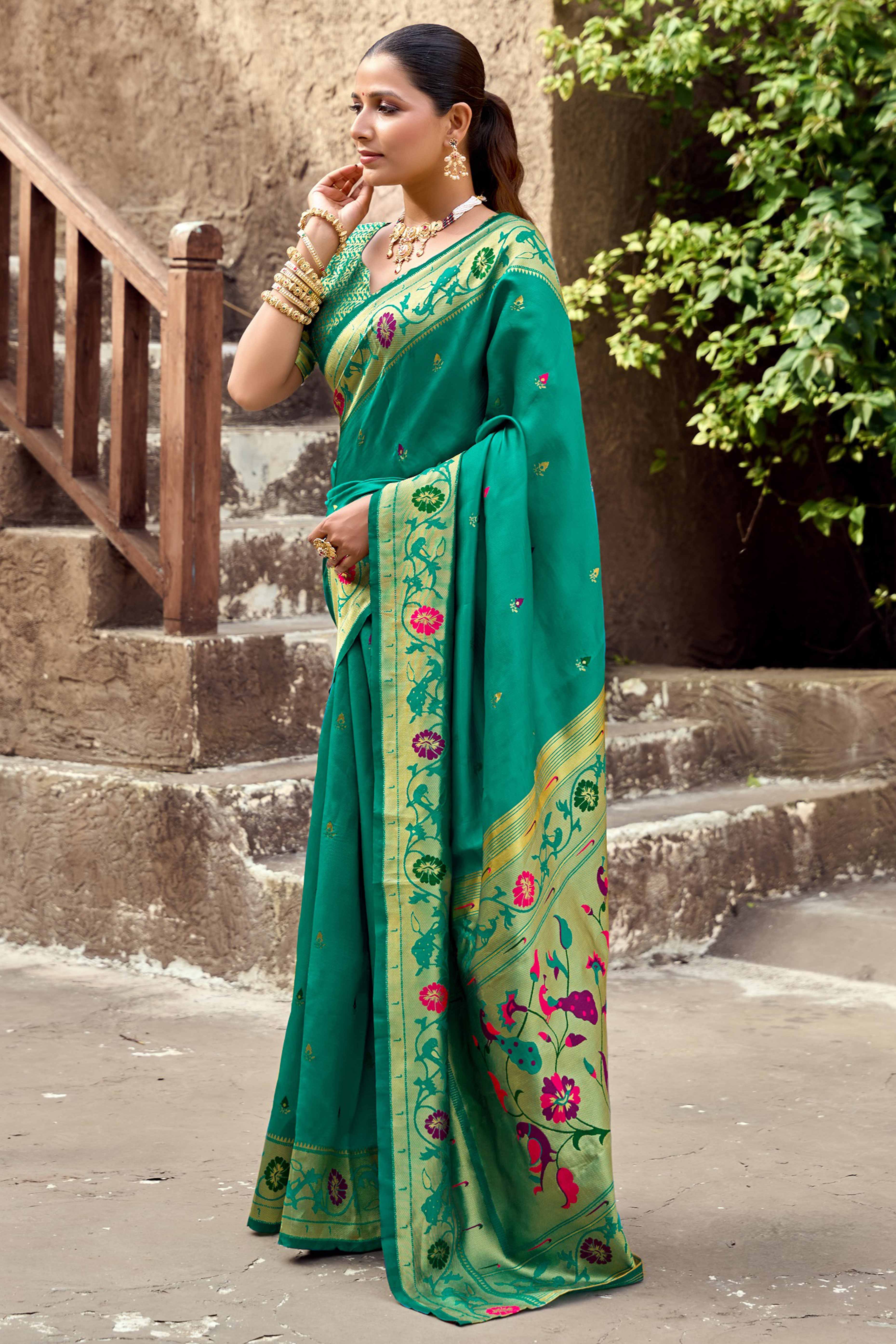 Rama Green Paithani Style Soft Silk Saree with Zari Weaving