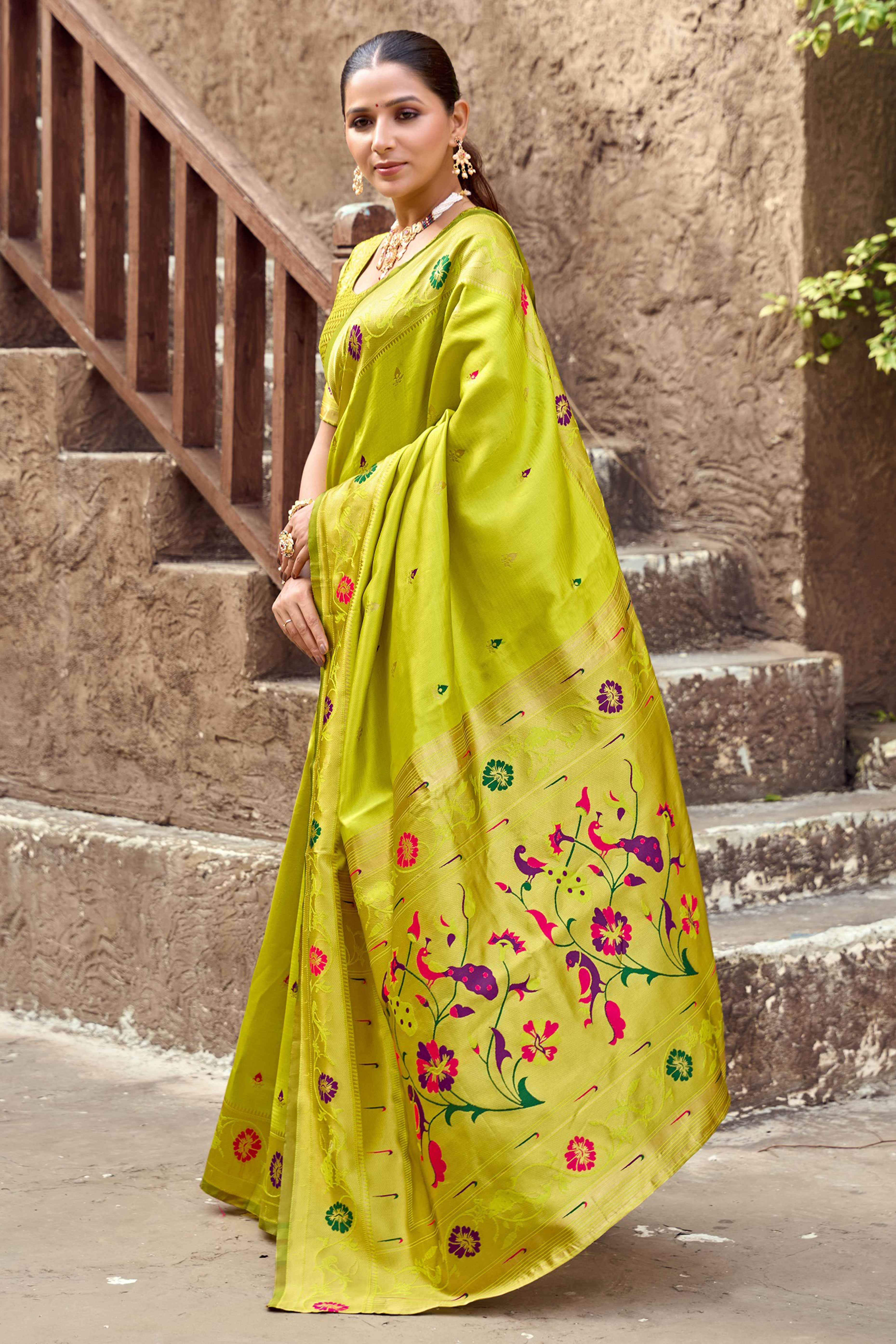 Parrot Green Paithani Style Soft Silk Saree with Zari Weaving
