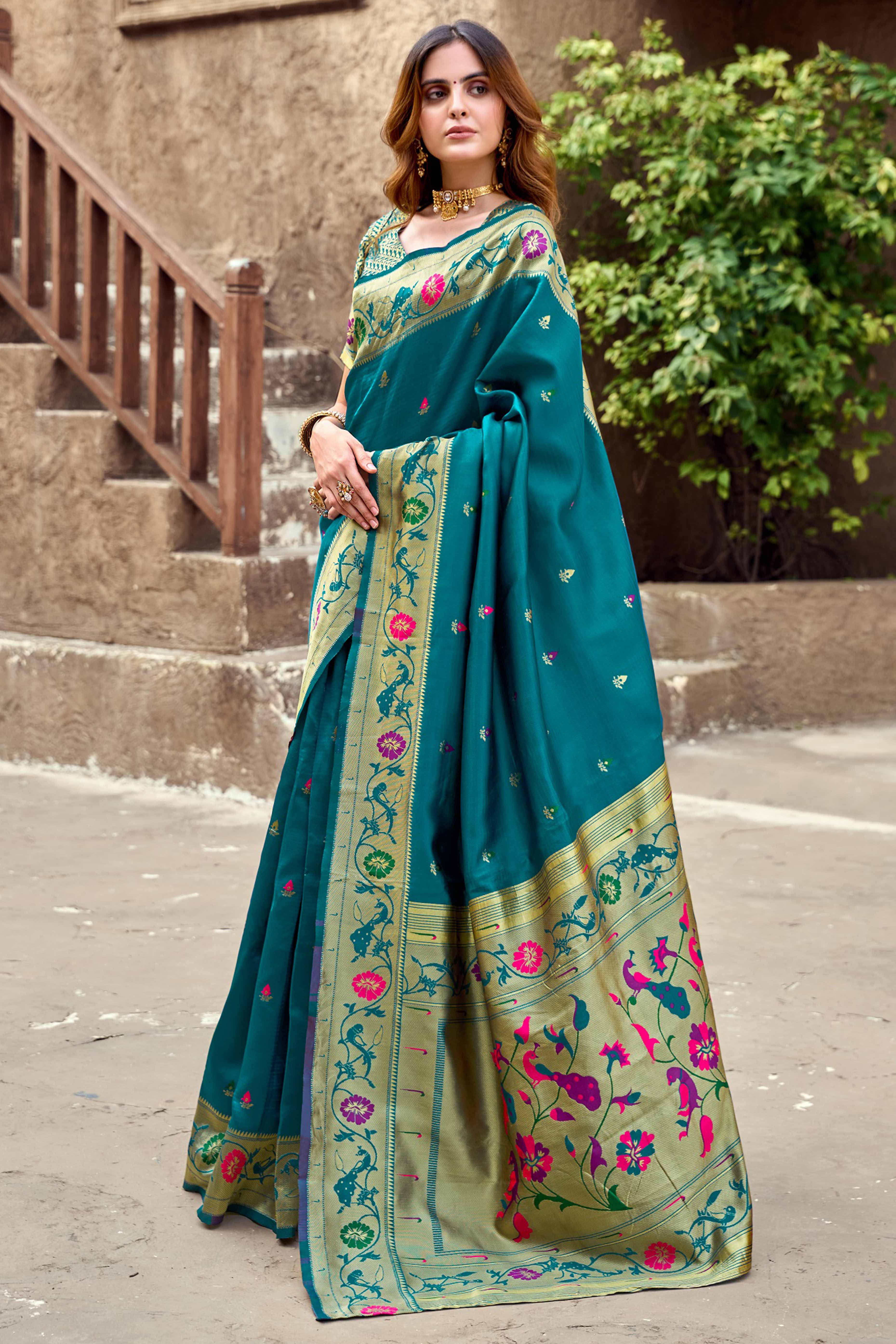 Teal Paithani Style Soft Silk Saree with Zari Weaving