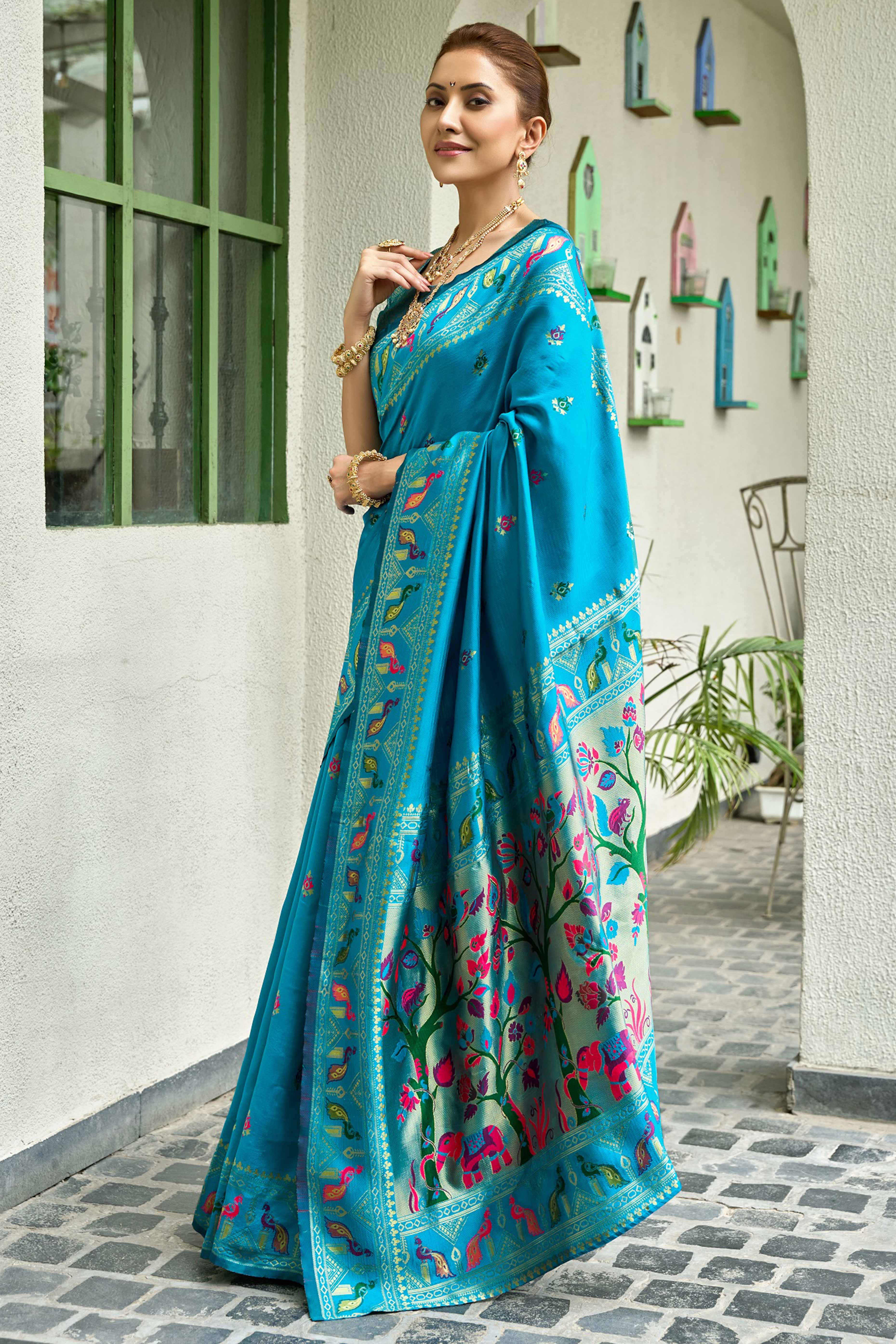 Blue Paithani Style Soft Silk Saree with Zari Weaving