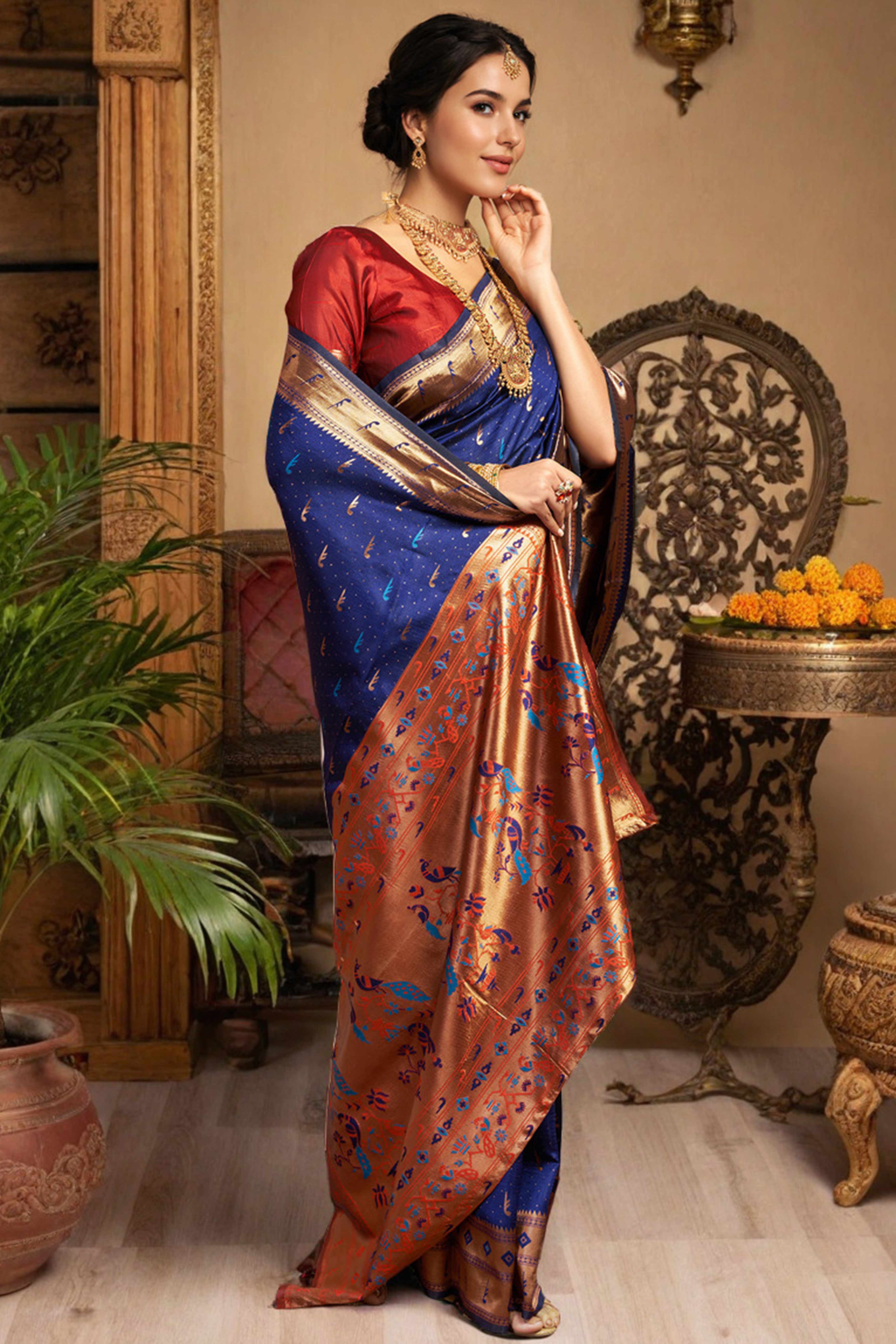 Navy Blue Silk Blend Paithani Saree Adorned With Zari Weaving & Peacock Motif Pallu
