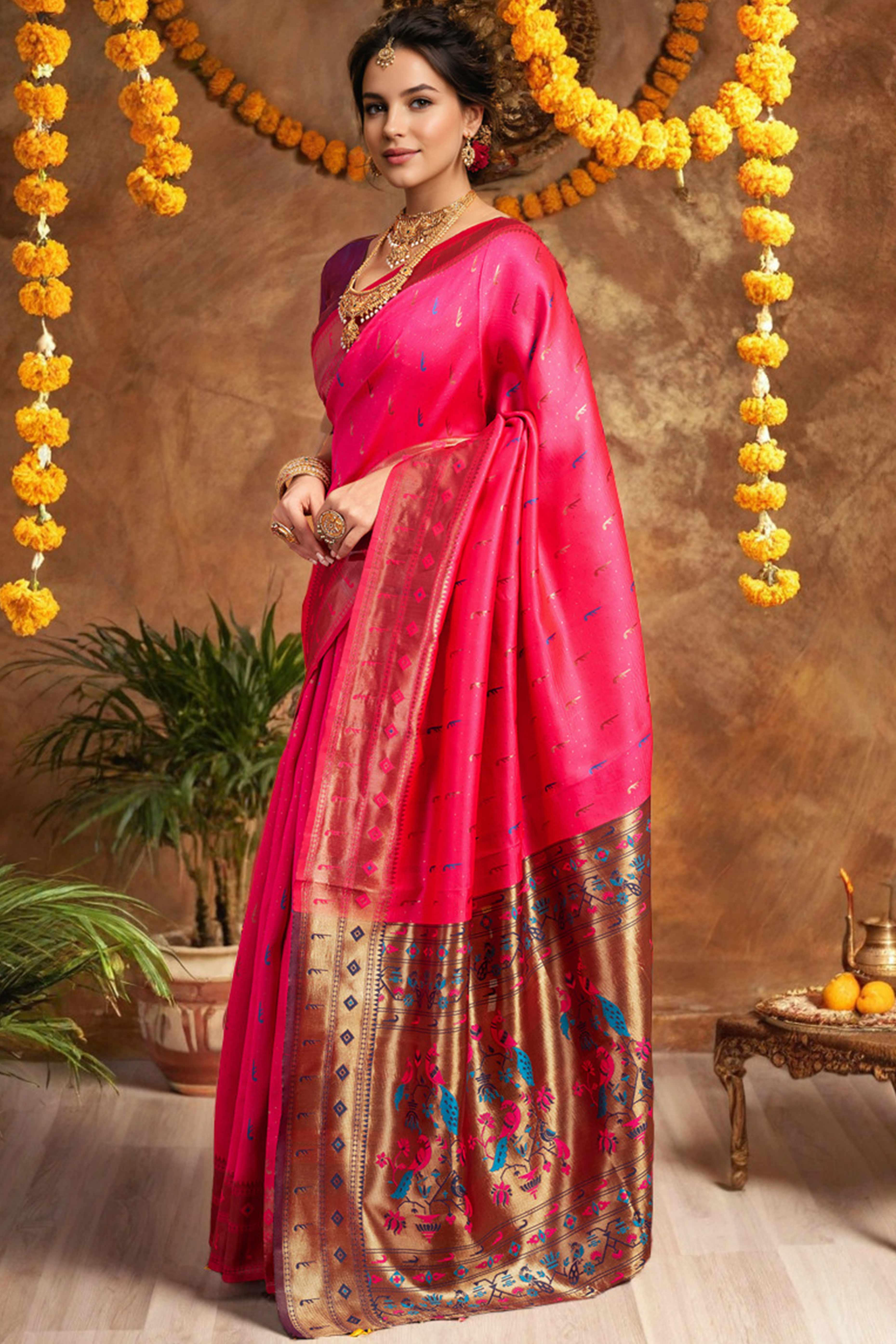 Pink Silk Blend Paithani Saree Adorned With Zari Weaving & Peacock Motif Pallu