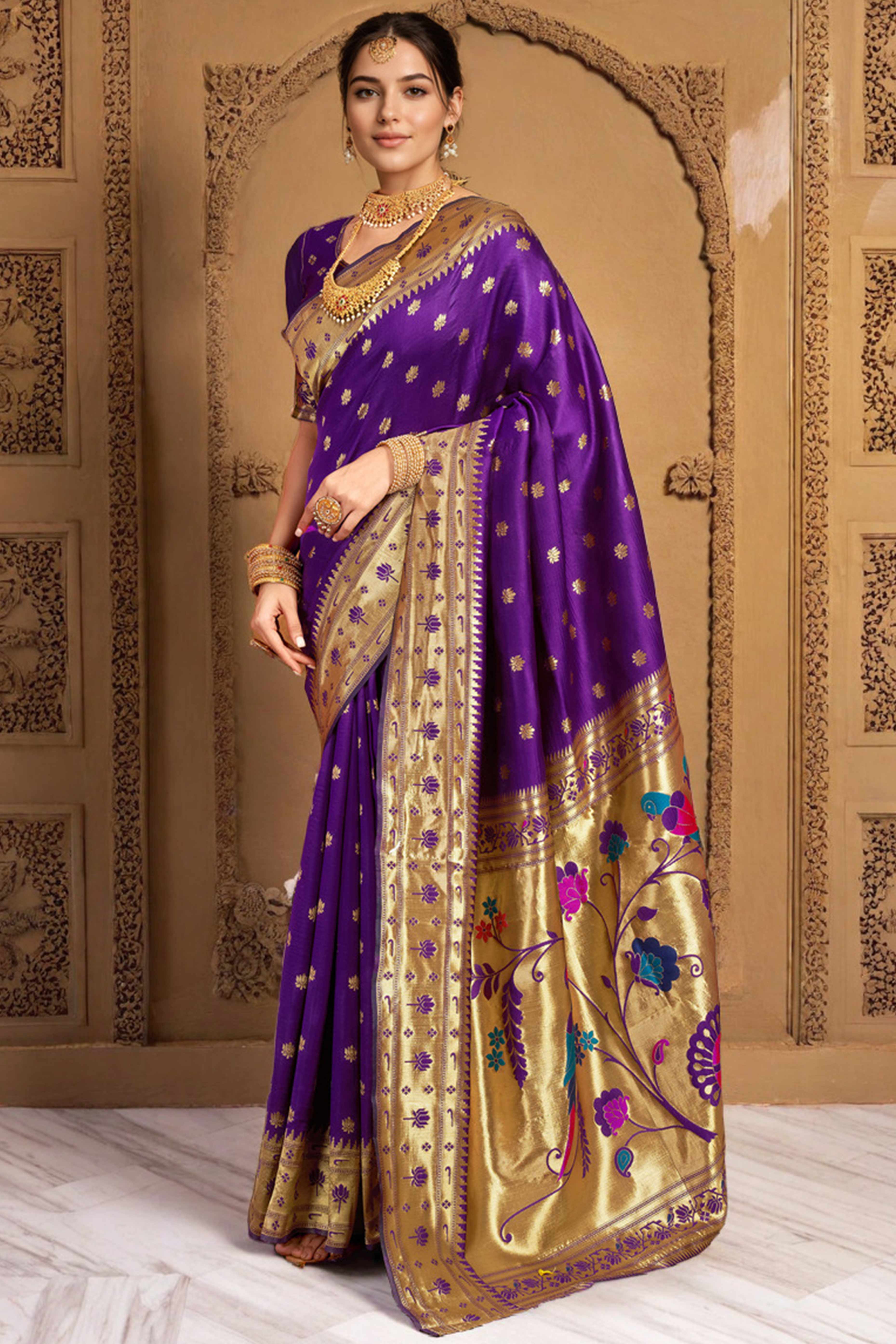 Purple Weaving Silk Blend Paithani Saree With Floral & Parrot Motif Pallu