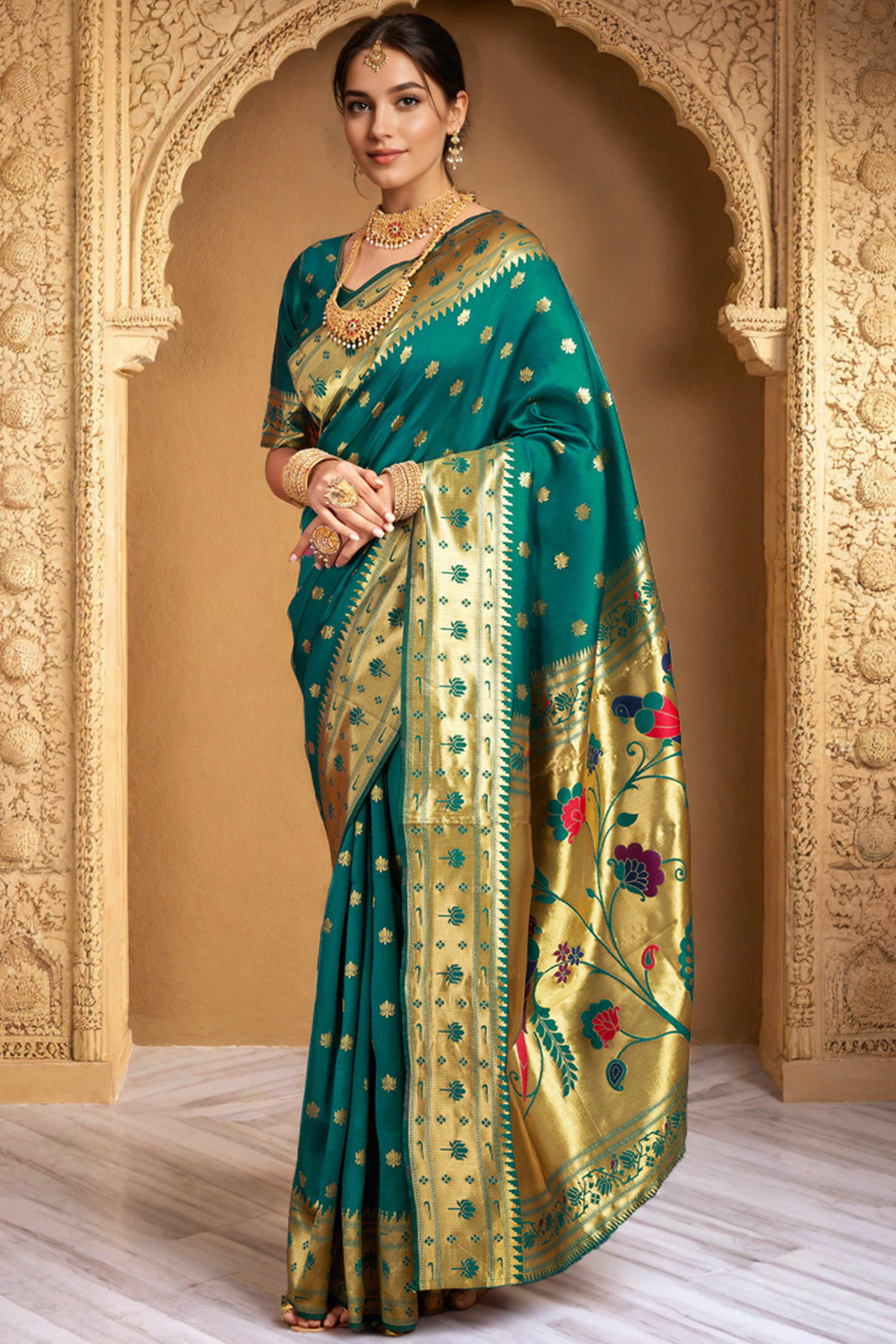 Rama Green Weaving Silk Blend Paithani Saree With Floral & Parrot Motif Pallu