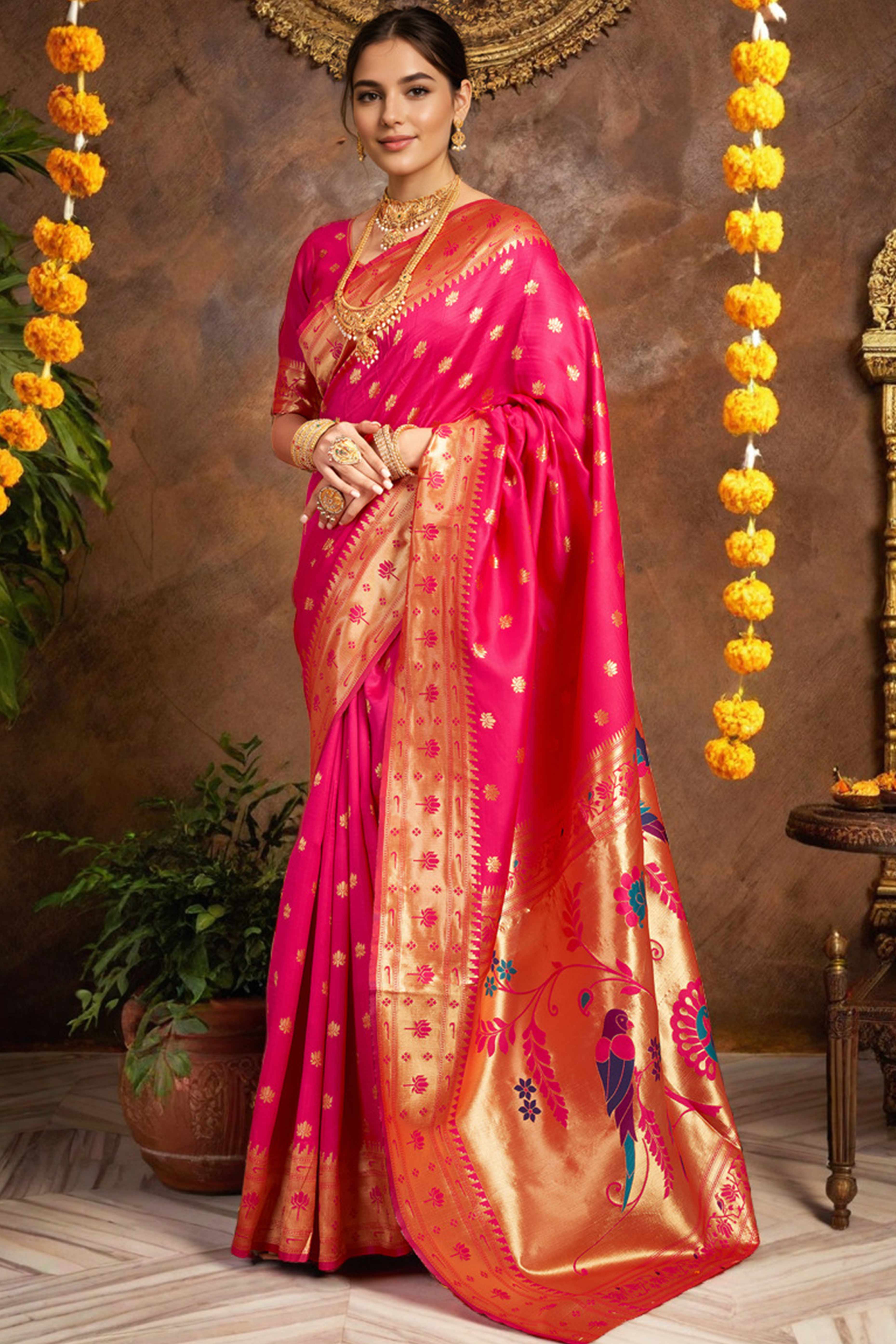 Pink Weaving Silk Blend Paithani Saree With Floral & Parrot Motif Pallu