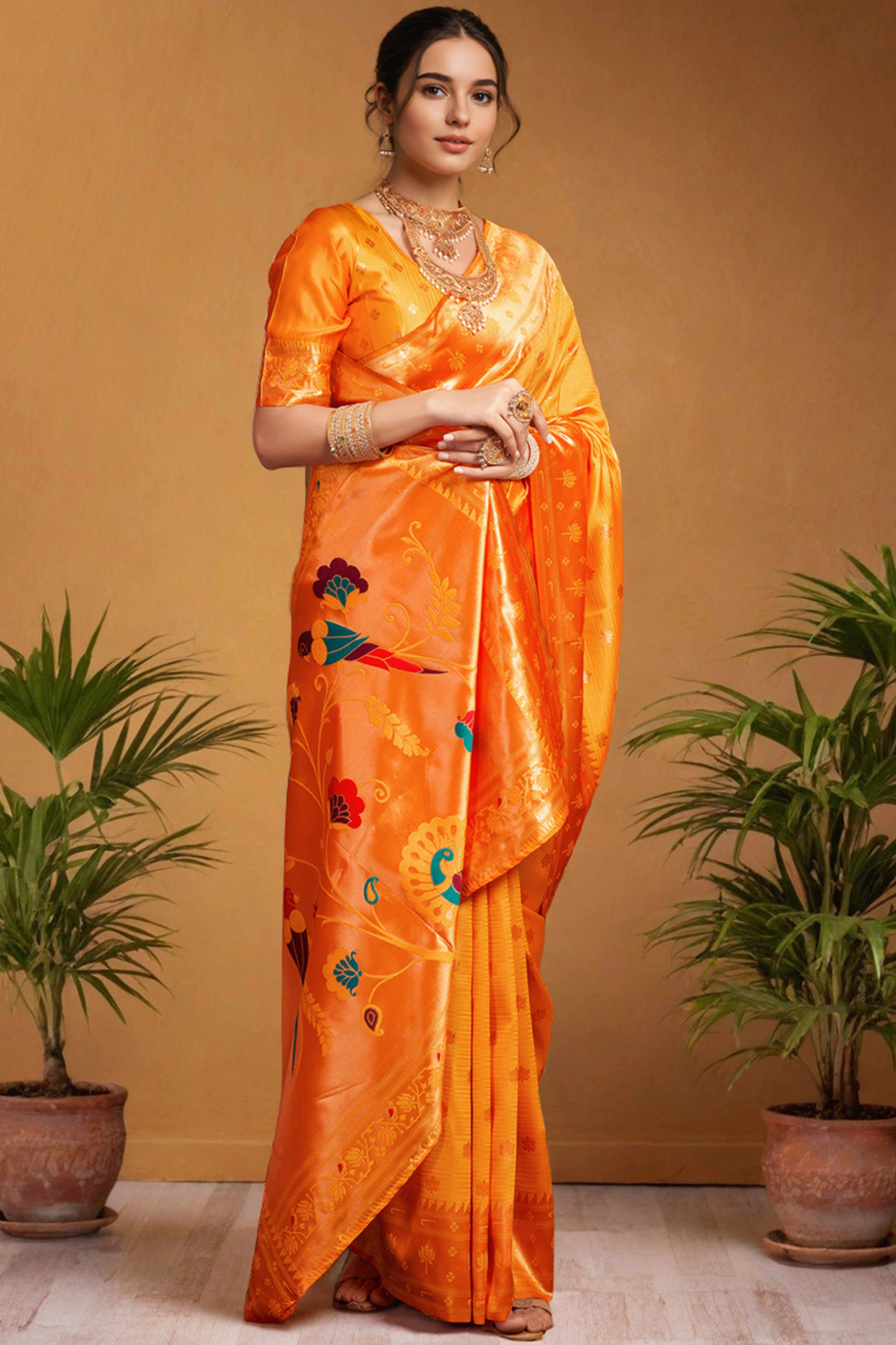 Orange Weaving Silk Blend Paithani Saree With Floral & Parrot Motif Pallu