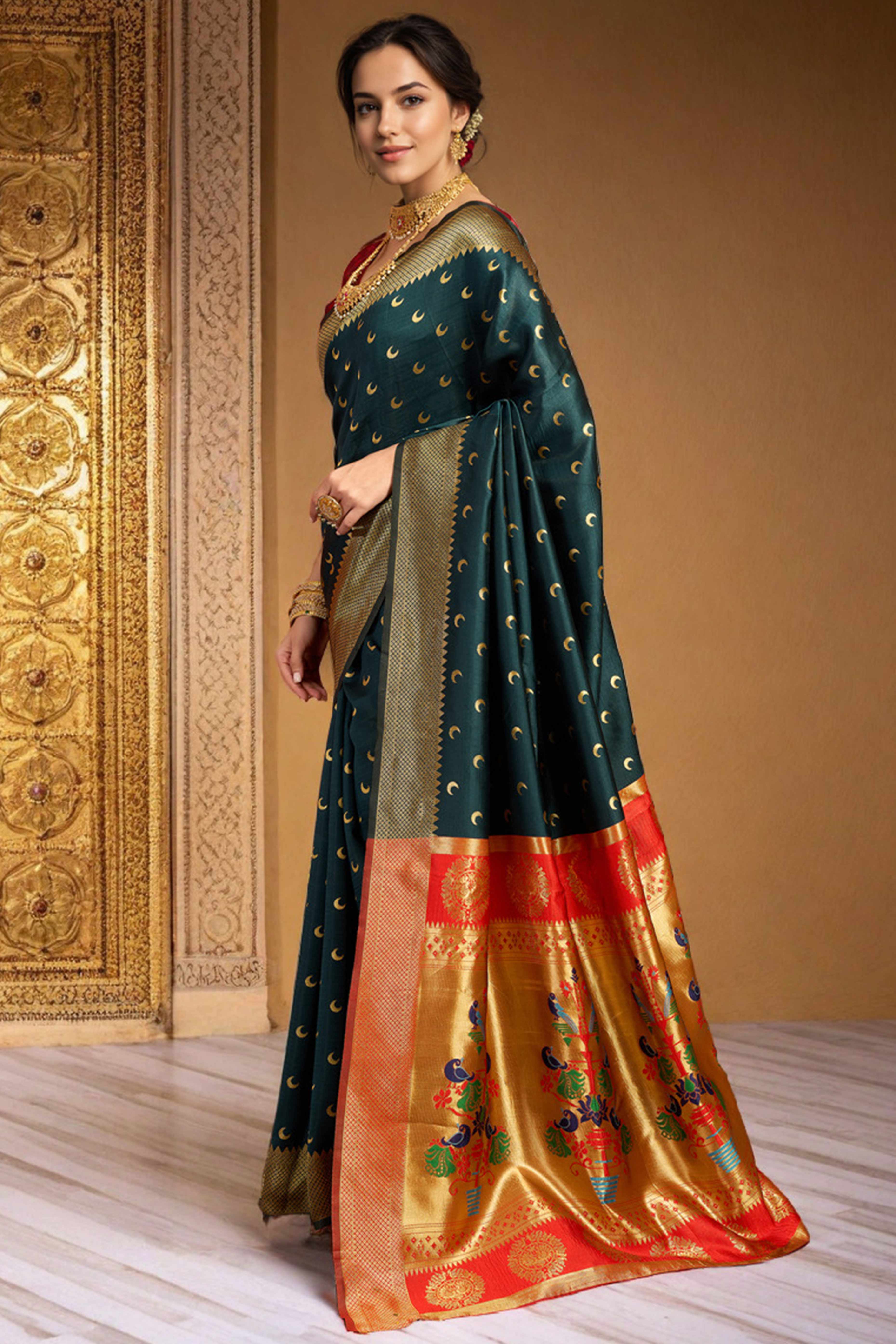 Green Chandrakor Paithani Silk Blend Saree With Intricate Zari Weaving