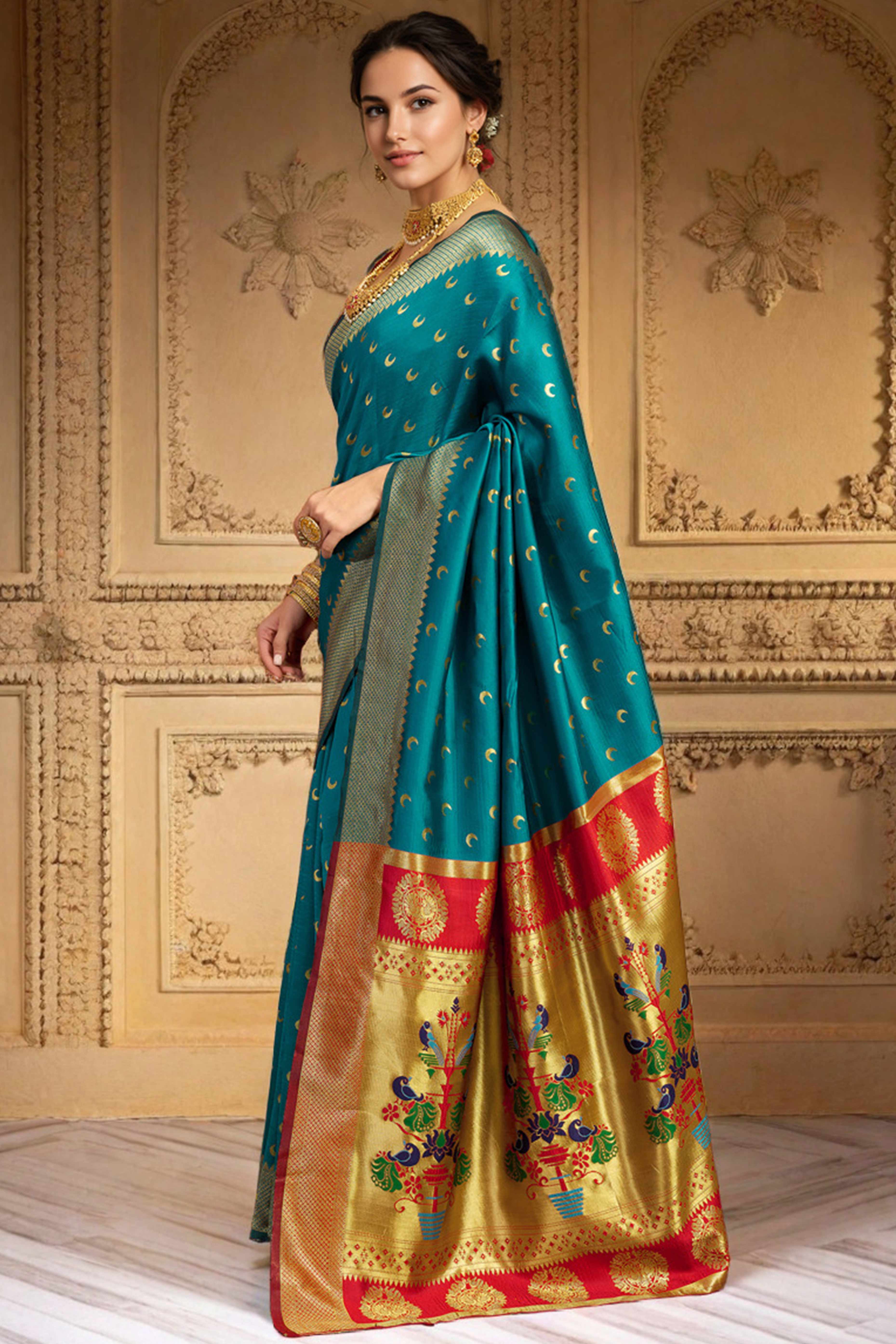 Rama Blue Chandrakor Paithani Silk Blend Saree With Intricate Zari Weaving