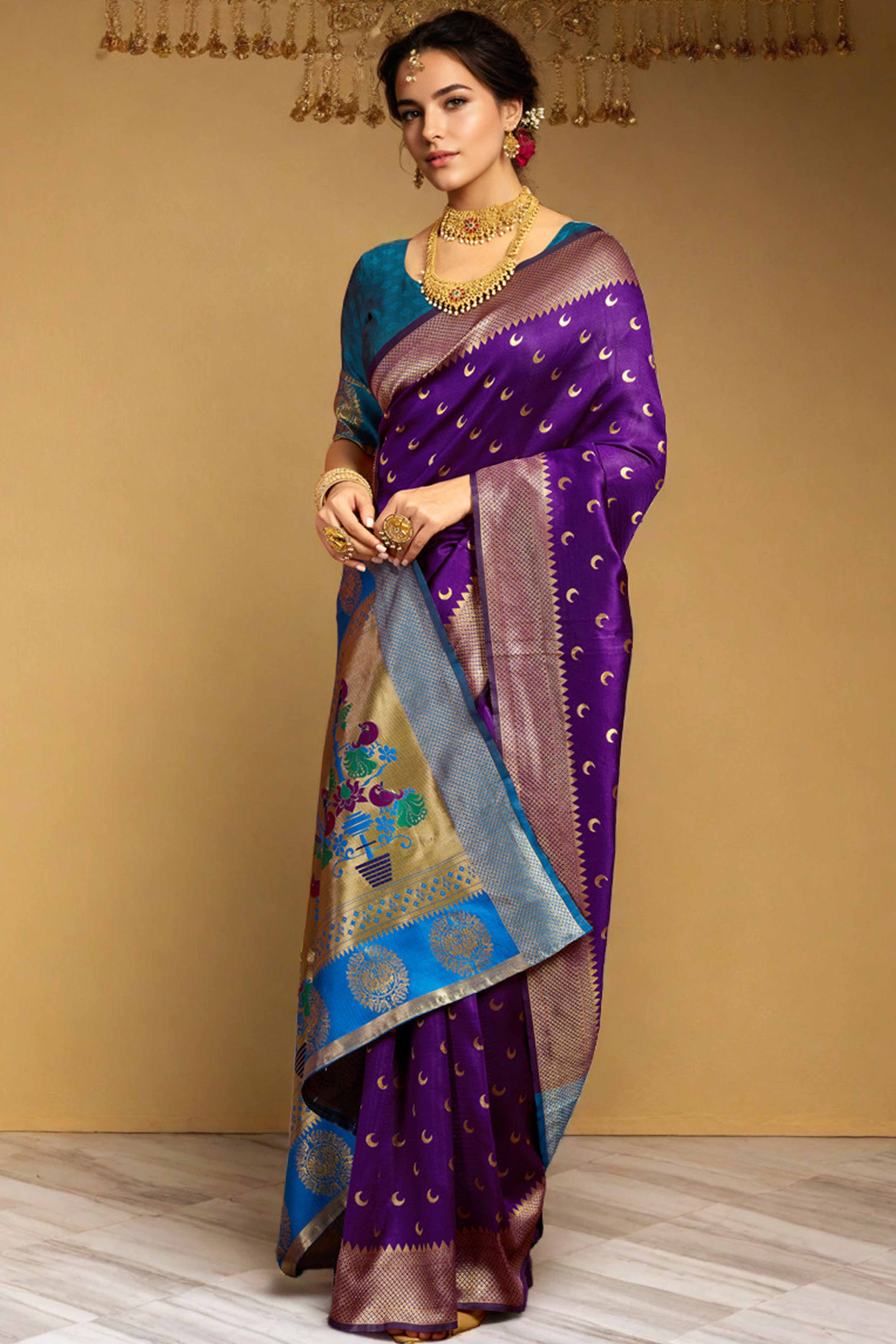 Purple Chandrakor Paithani Silk Blend Saree With Intricate Zari Weaving