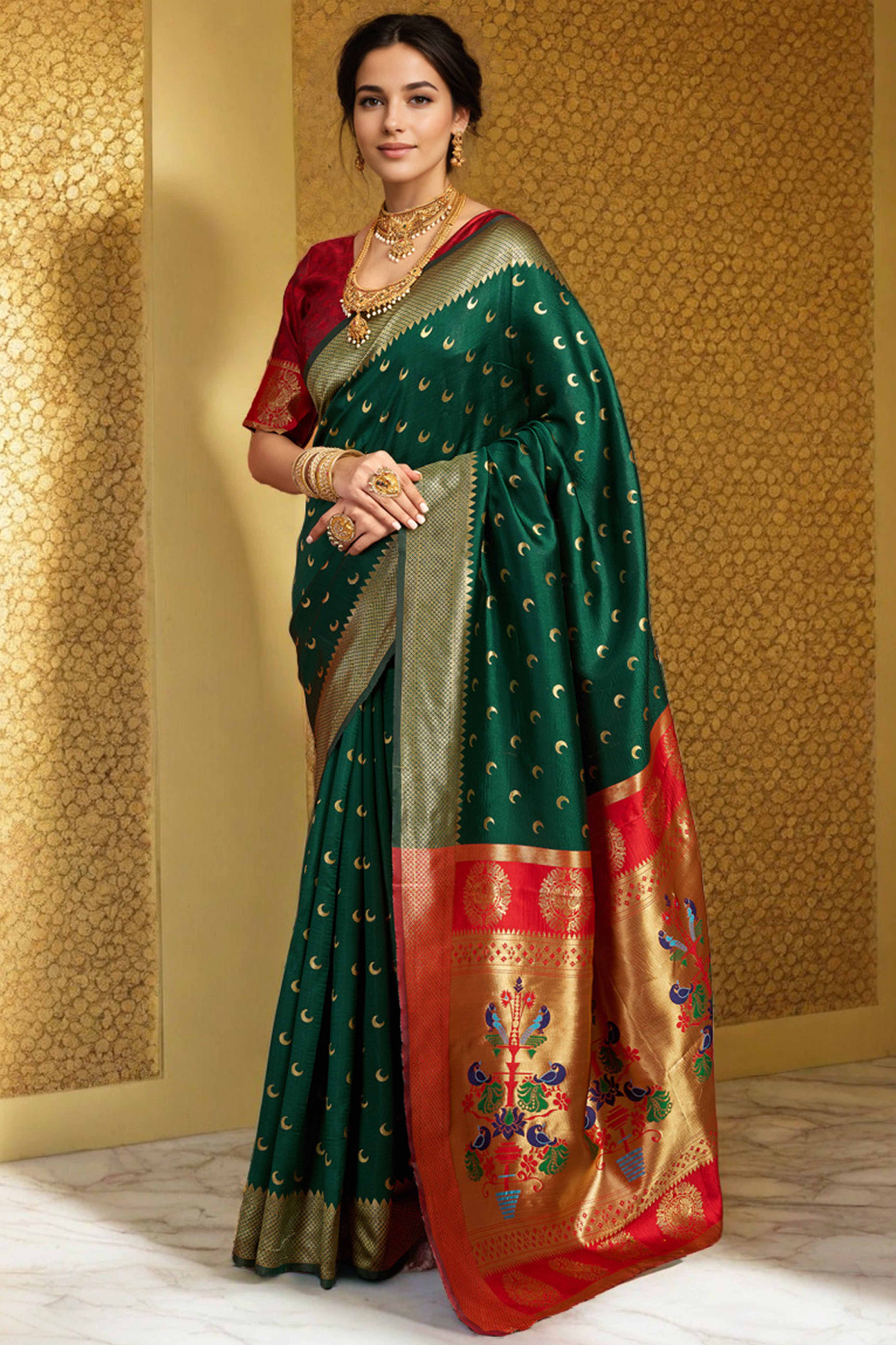 Green Chandrakor Paithani Silk Blend Saree With Intricate Zari Weaving