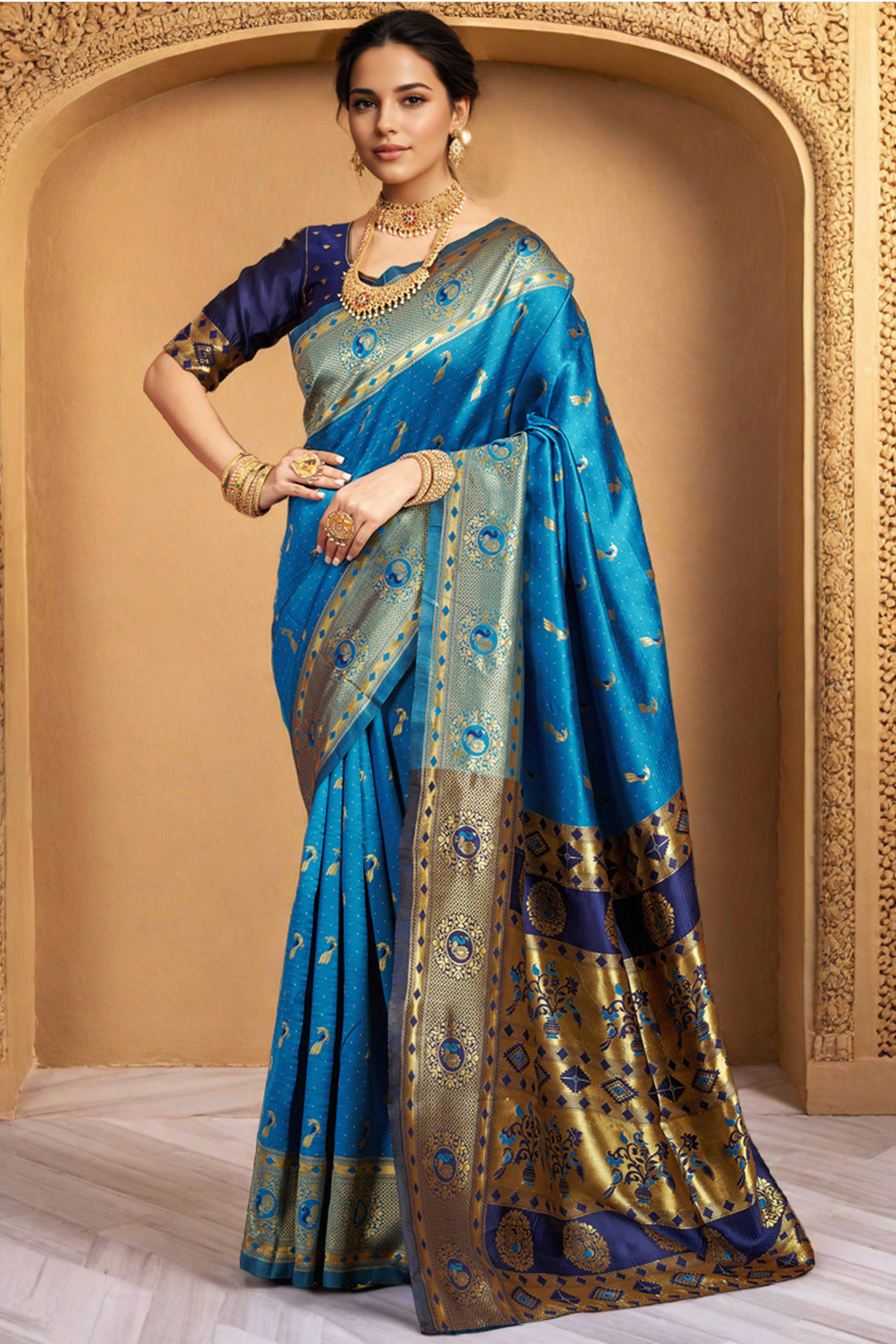 Blue Paithani Silk Blend Saree Featuring Intricate Zari Peacock &  Floral Weaving