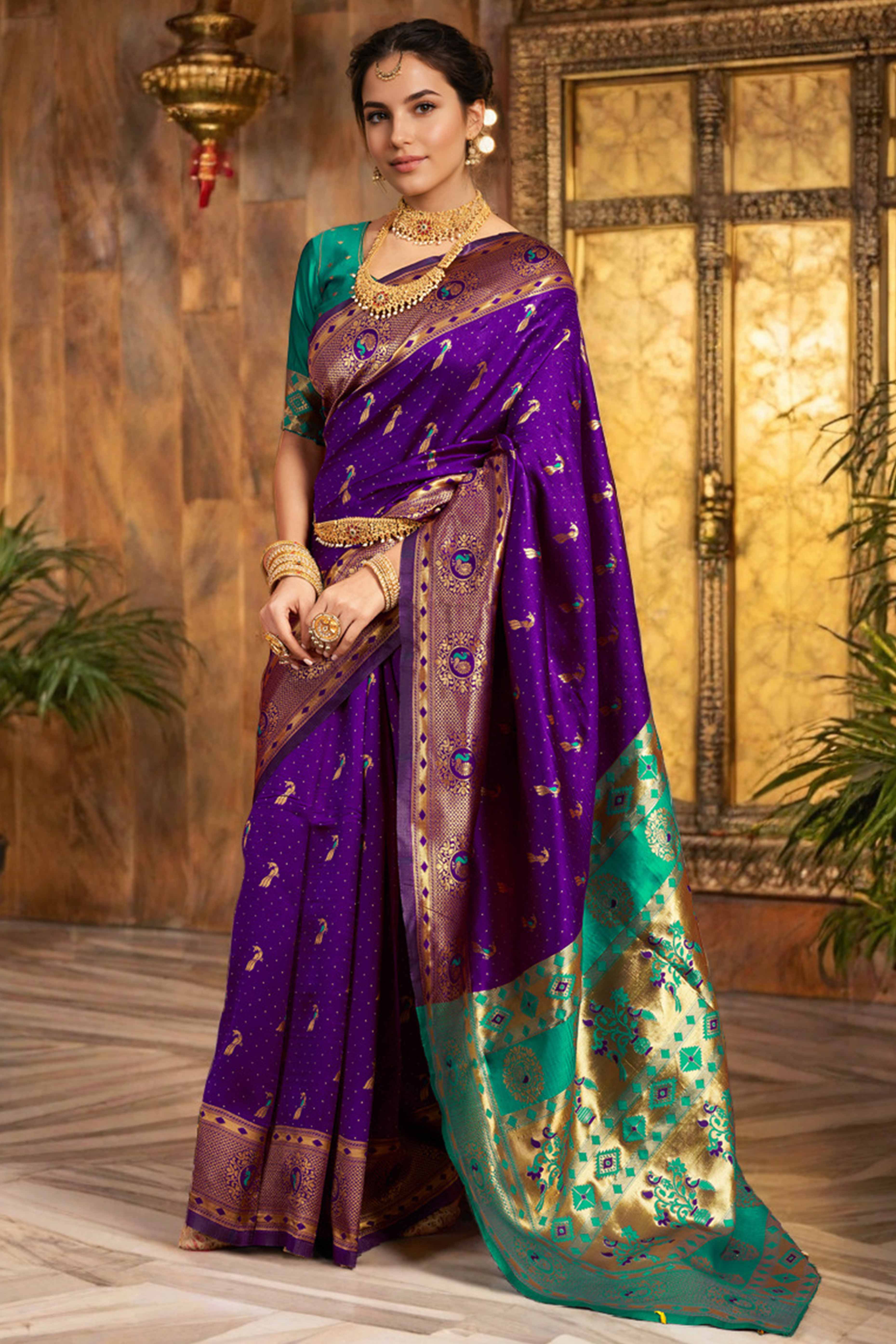 Purple Paithani Silk Blend Saree Featuring Intricate Zari Peacock &  Floral Weaving