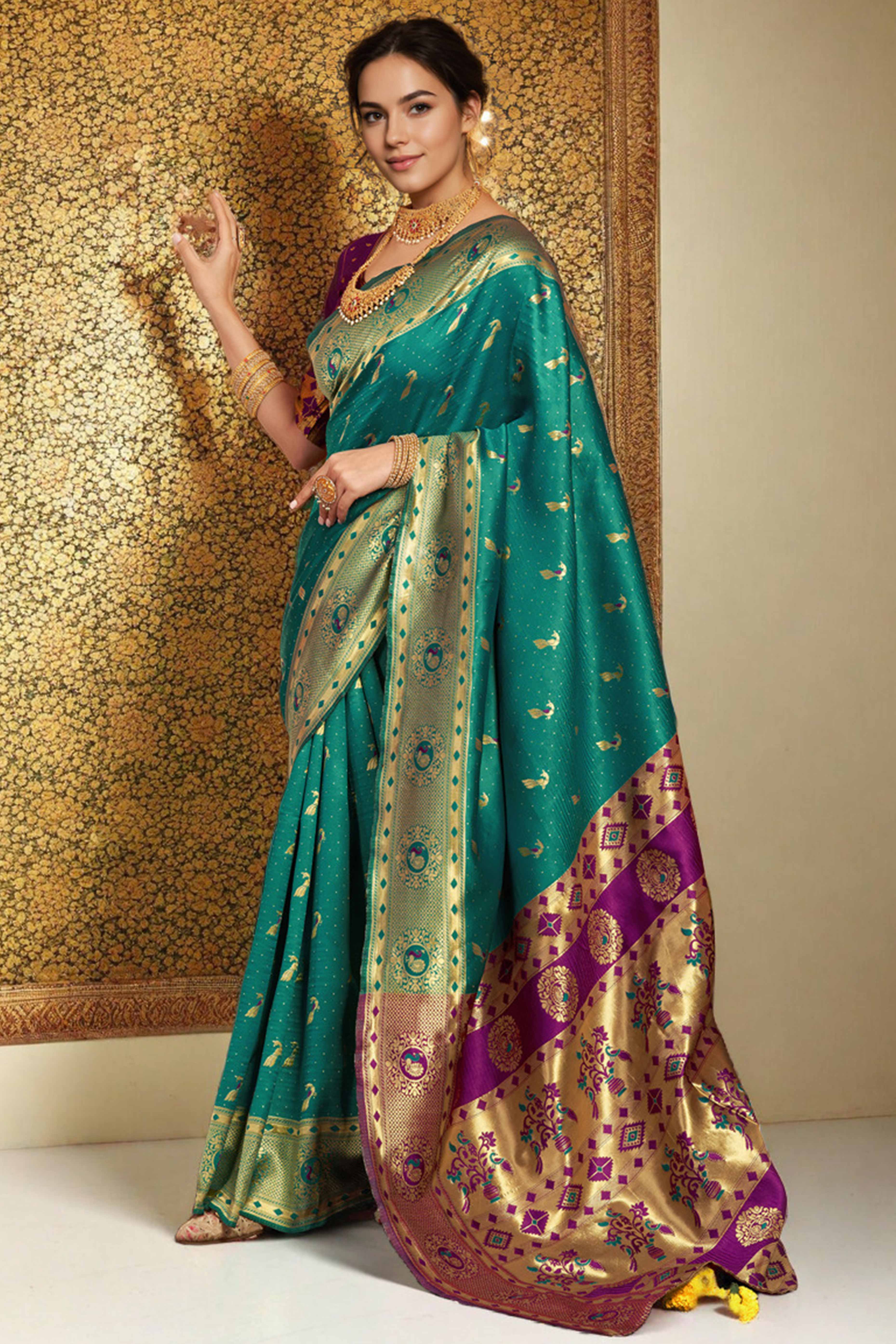 Rama Green Paithani Silk Blend Saree Featuring Intricate Zari Peacock &  Floral Weaving
