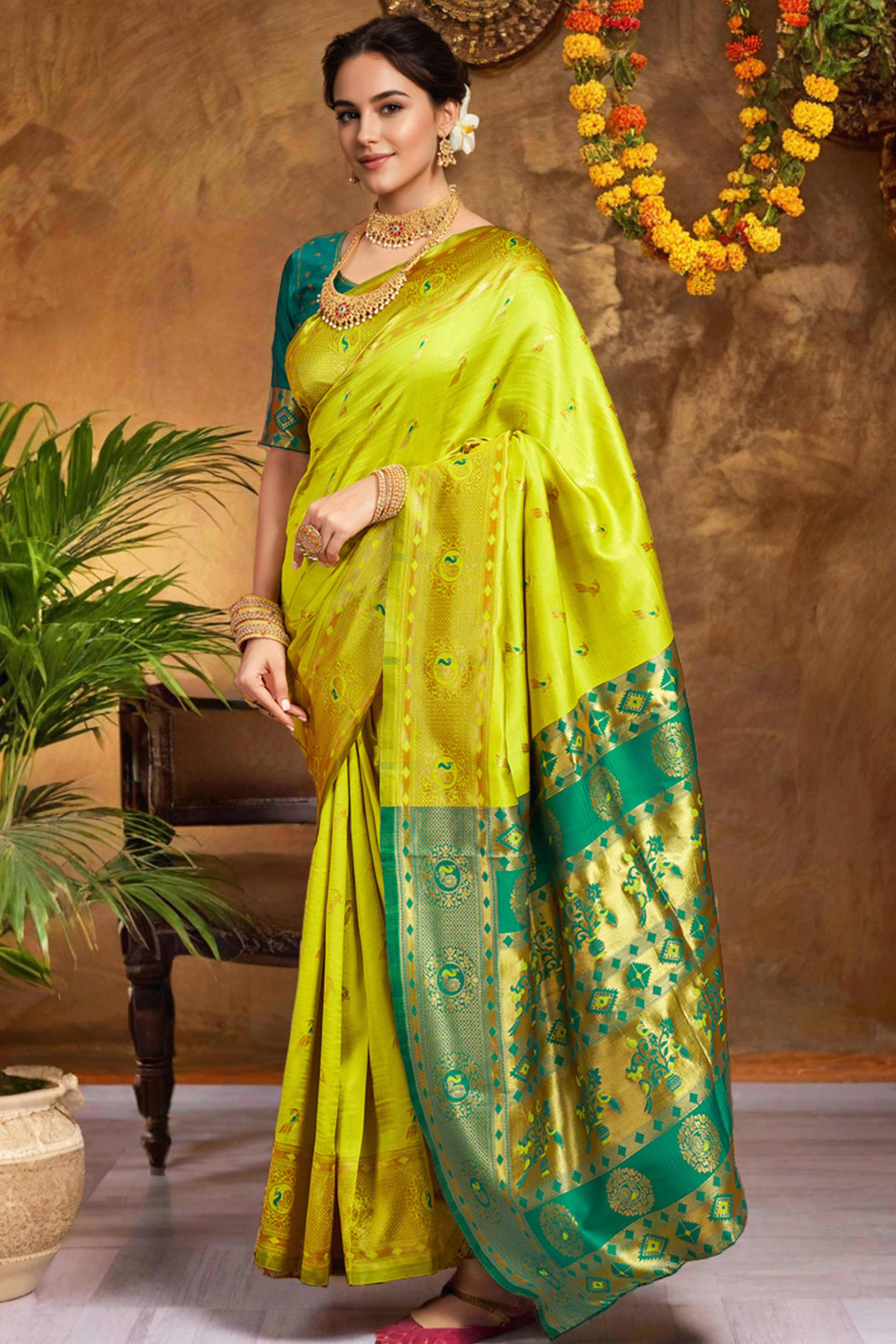 Lime Green Paithani Silk Blend Saree Featuring Intricate Zari Peacock &  Floral Weaving