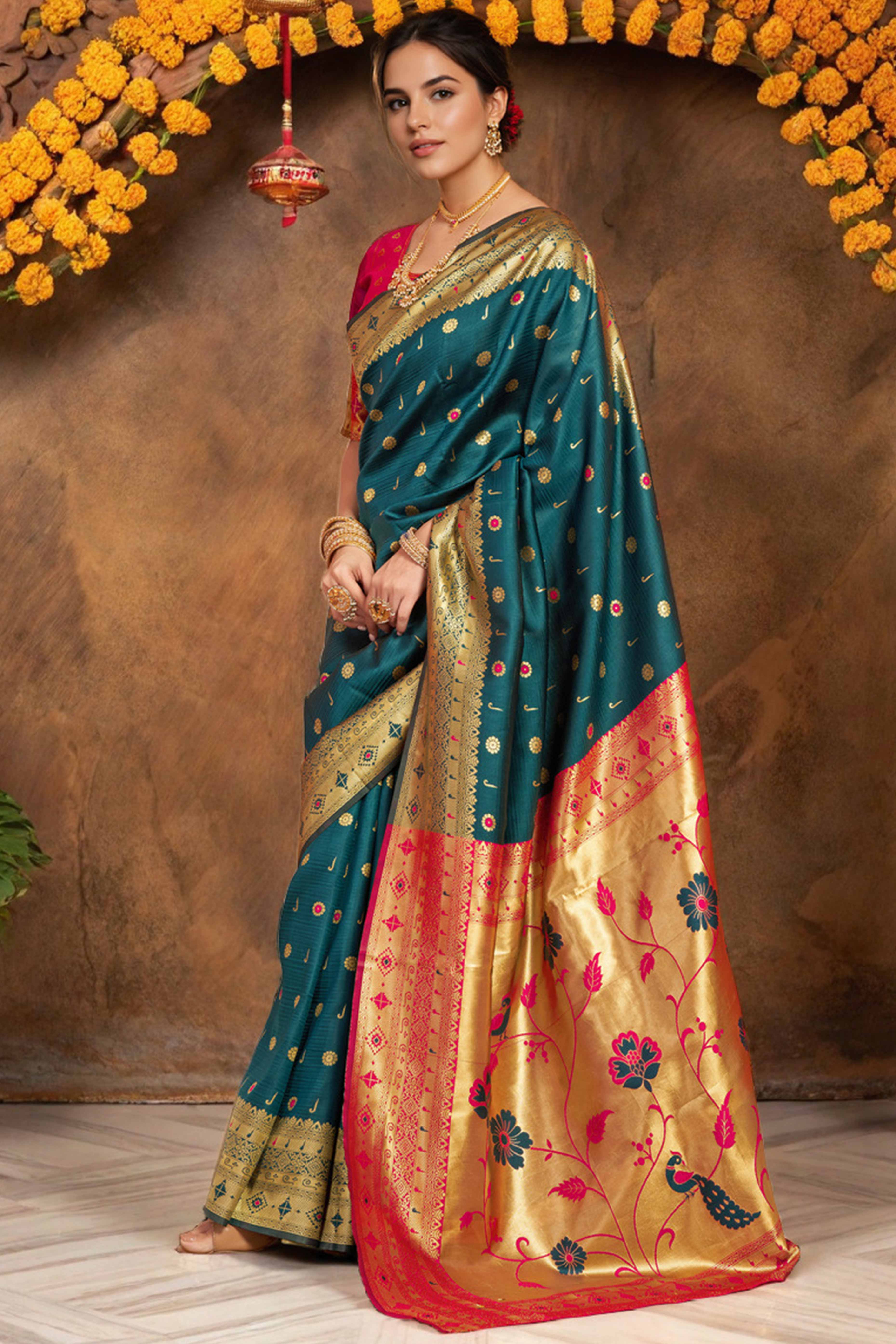 Teal Silk Blend Saree With Traditional Paithani Zari Weaving Of Peacock & Floral Designs