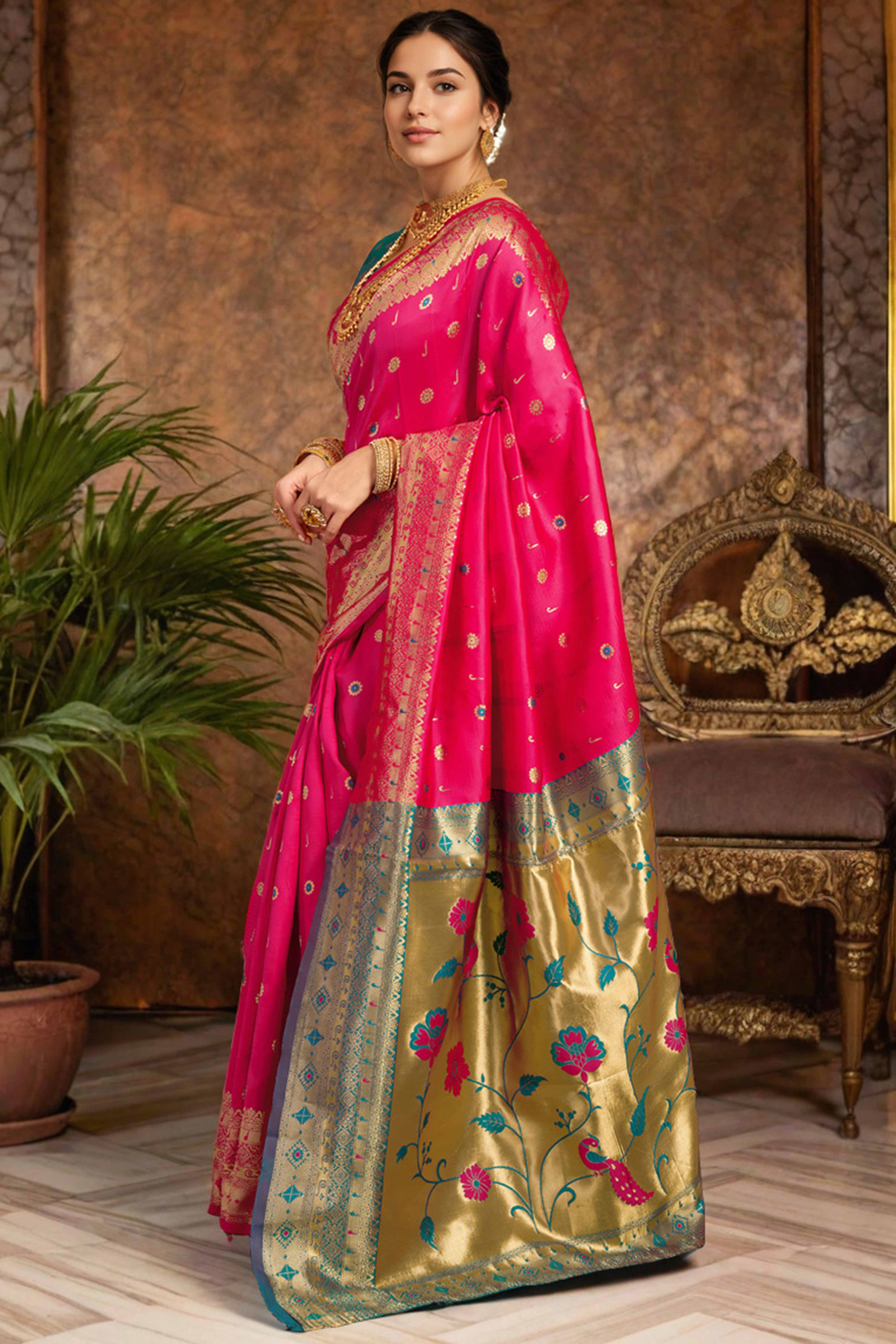 Pink Silk Blend Saree With Traditional Paithani Zari Weaving Of Peacock & Floral Designs