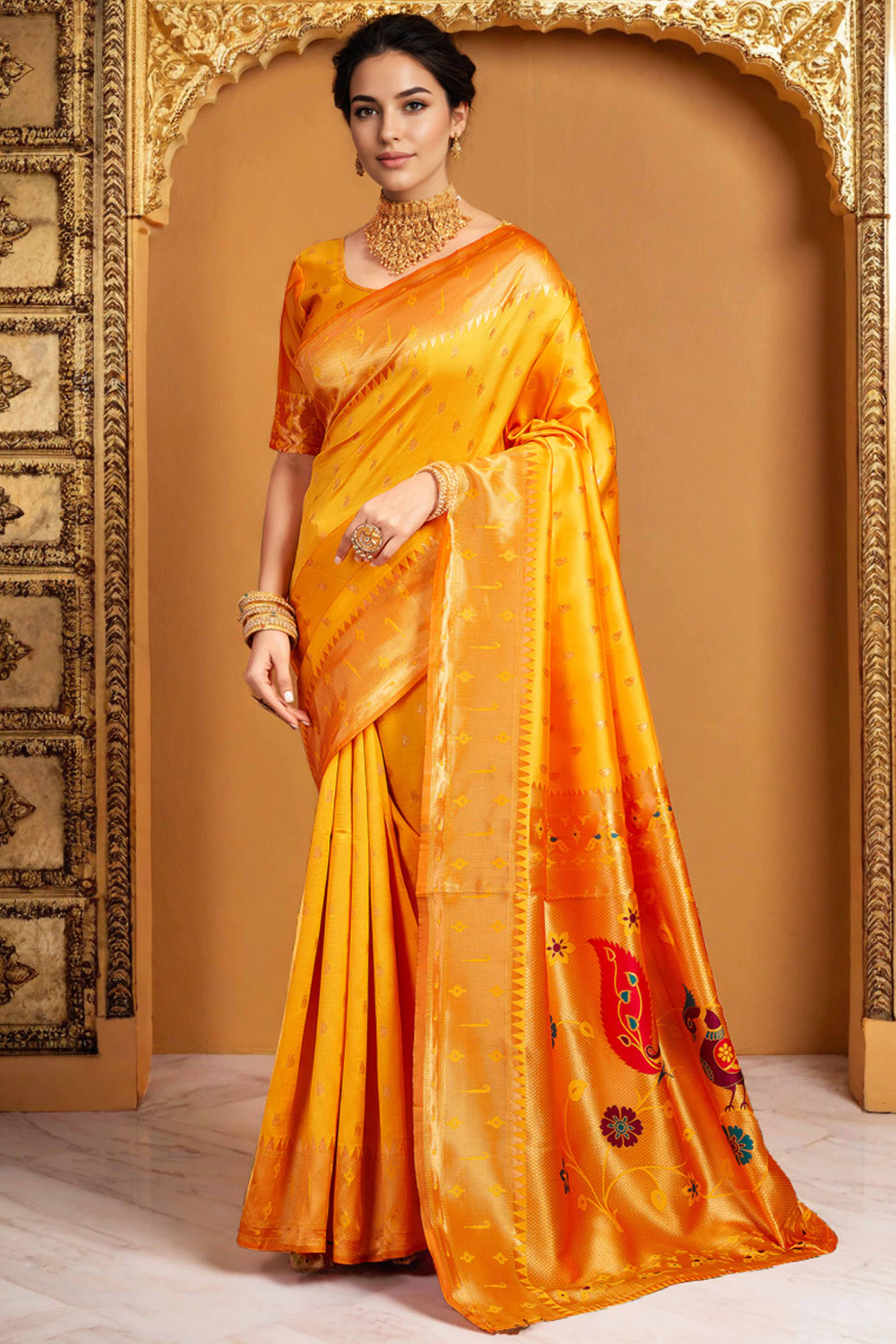 Orange Paithani Saree In Silk Blend Highlighted With Zari Woven Peacock & Floral Motifs