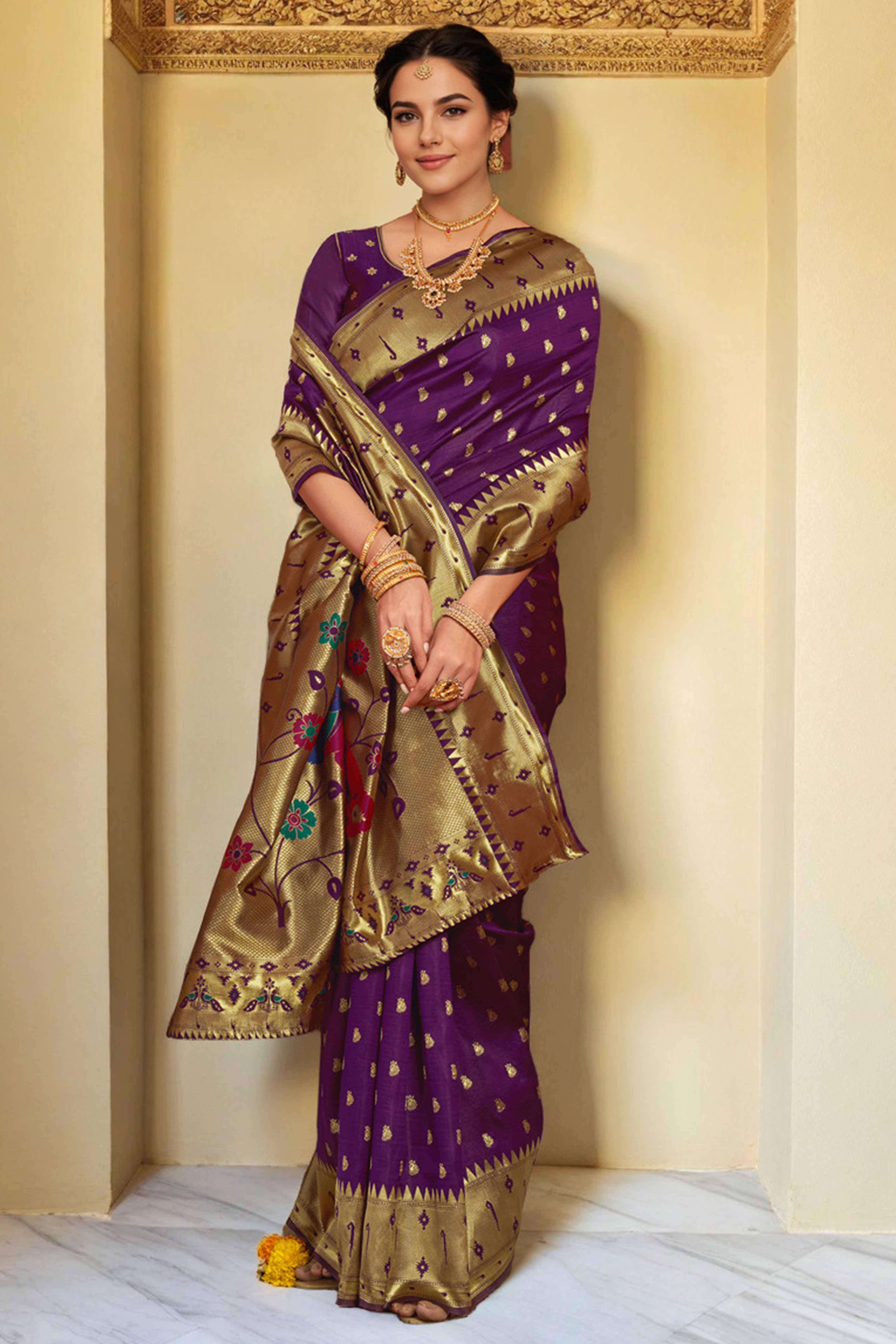 Purple Paithani Saree In Silk Blend Highlighted With Zari Woven Peacock & Floral Motifs