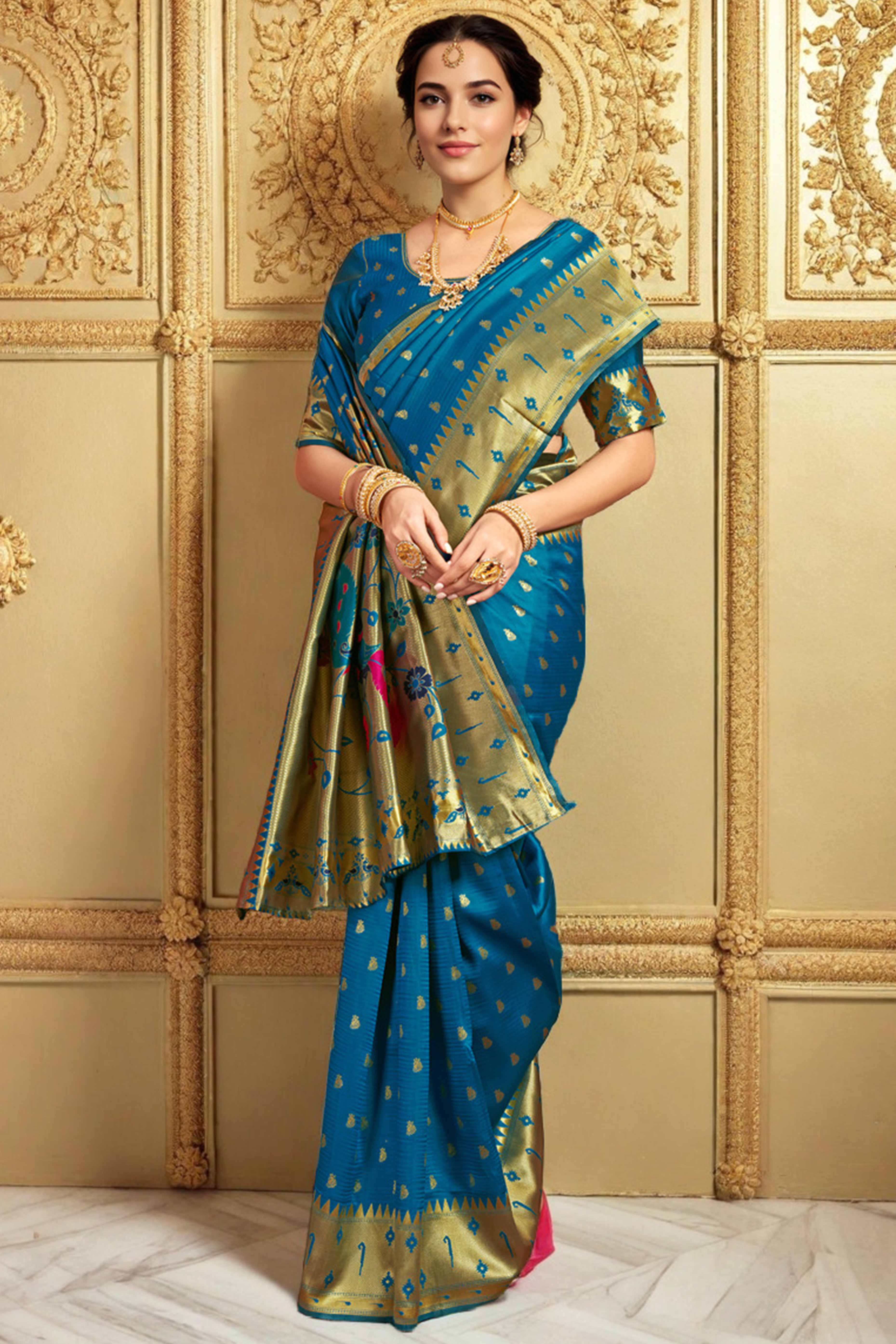Blue Paithani Saree In Silk Blend Highlighted With Zari Woven Peacock & Floral Motifs