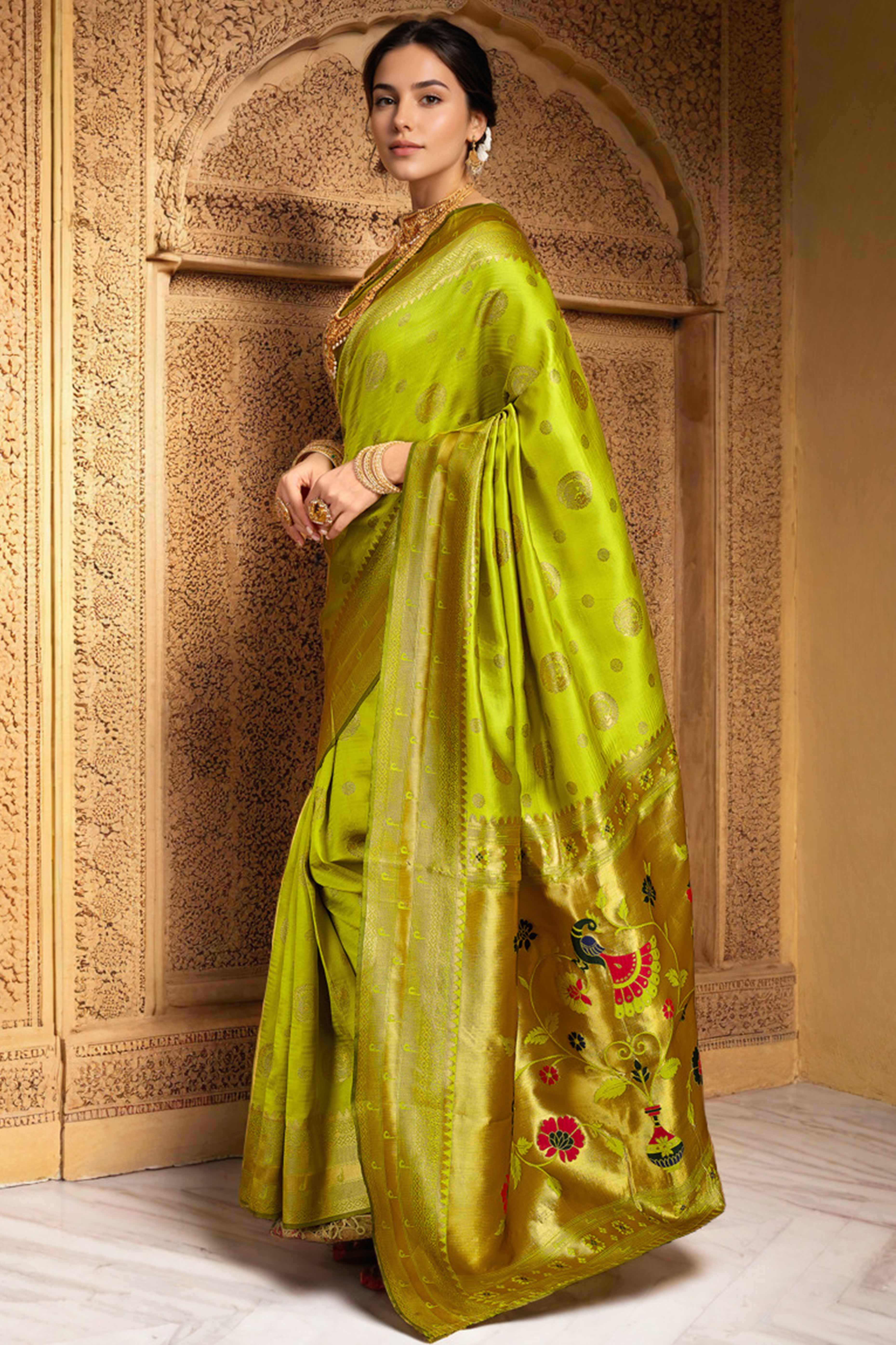 Lime Green Paithani Silk Blend Saree Embellished With Zari Peacock & Floral Woven Patterns
