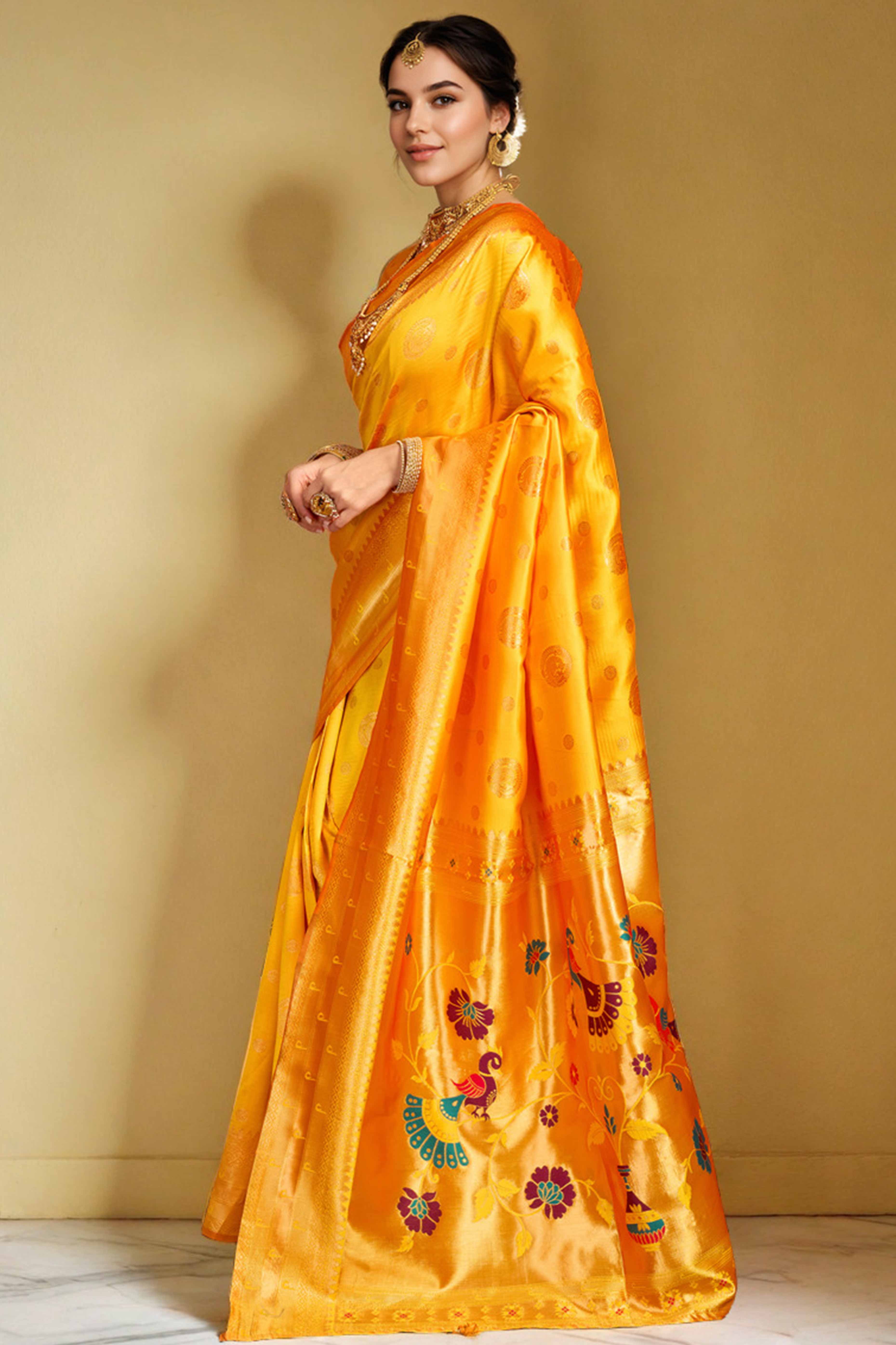 Orange Paithani Silk Blend Saree Embellished With Zari Peacock & Floral Woven Patterns