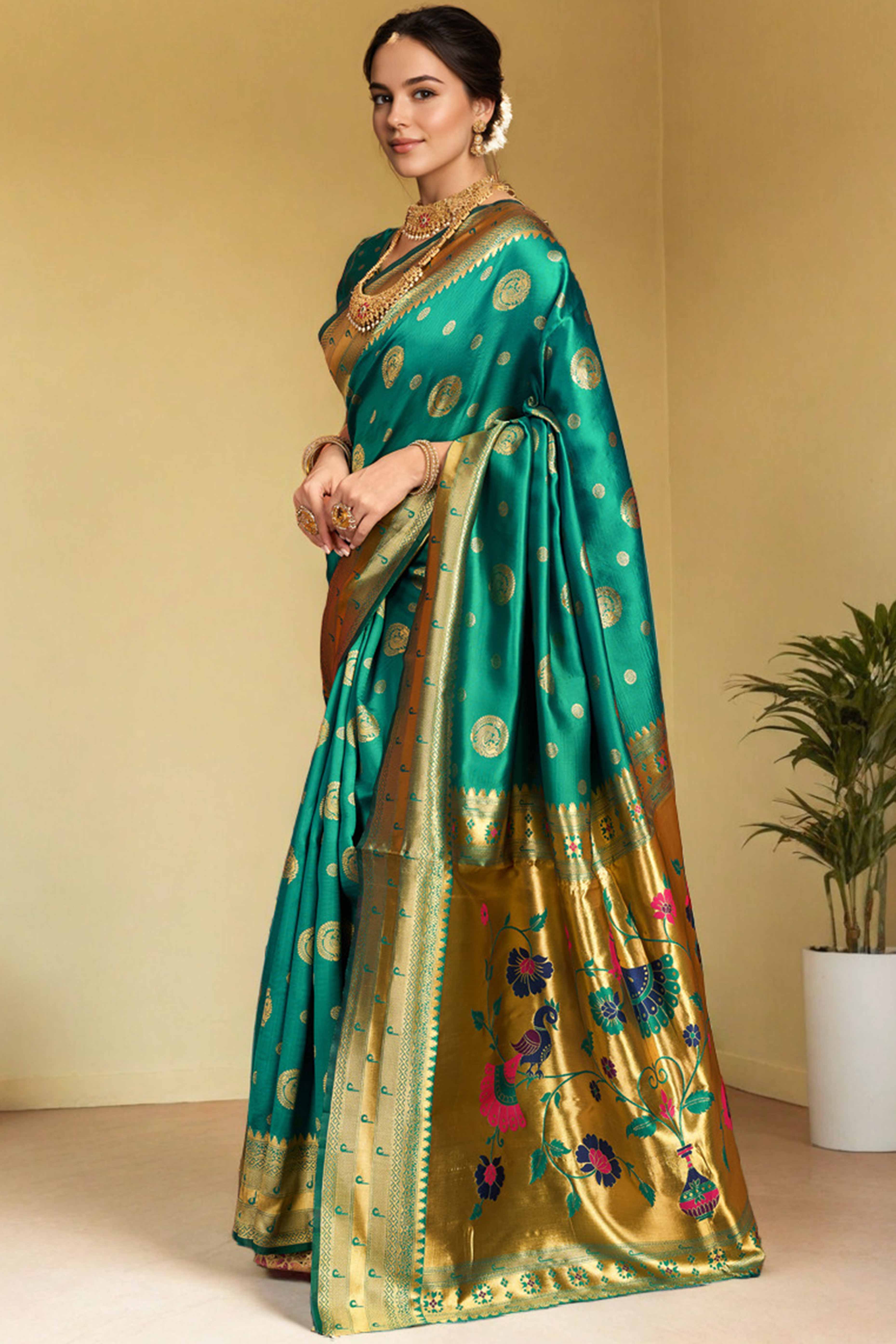 Rama Green Paithani Silk Blend Saree Embellished With Zari Peacock & Floral Woven Patterns