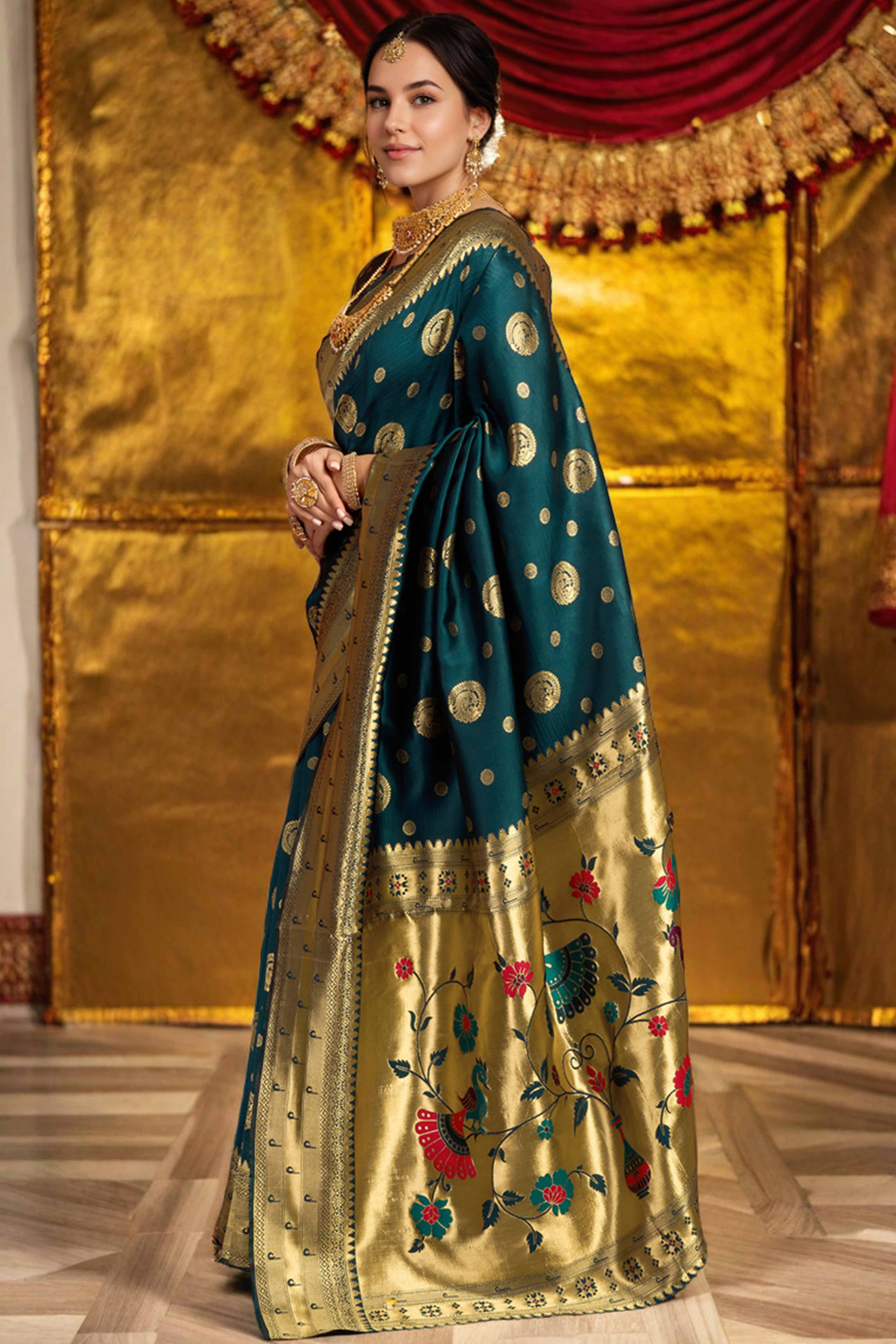 Teal Paithani Silk Blend Saree Embellished With Zari Peacock & Floral Woven Patterns