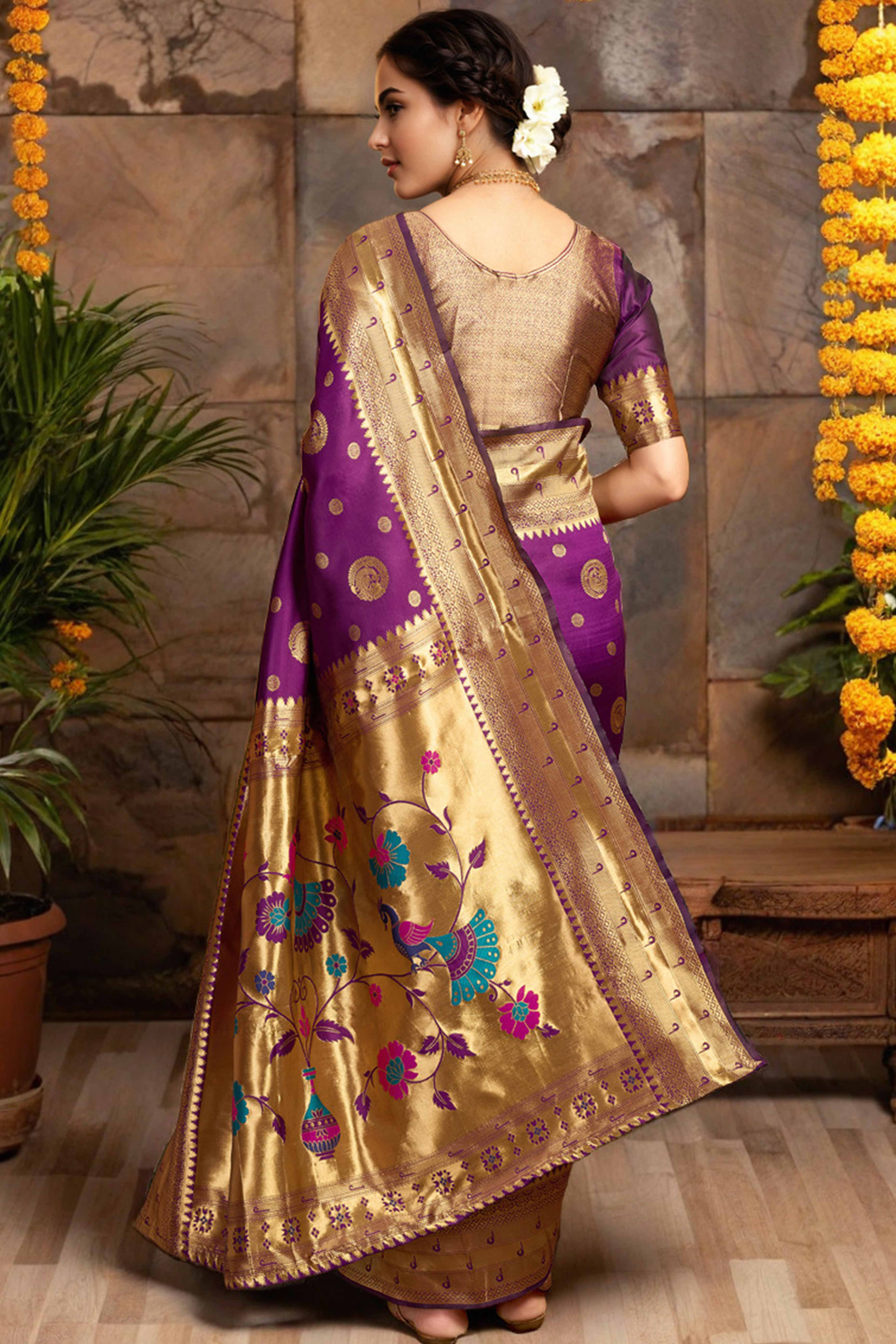 Purple Paithani Silk Blend Saree Embellished With Zari Peacock & Floral Woven Patterns
