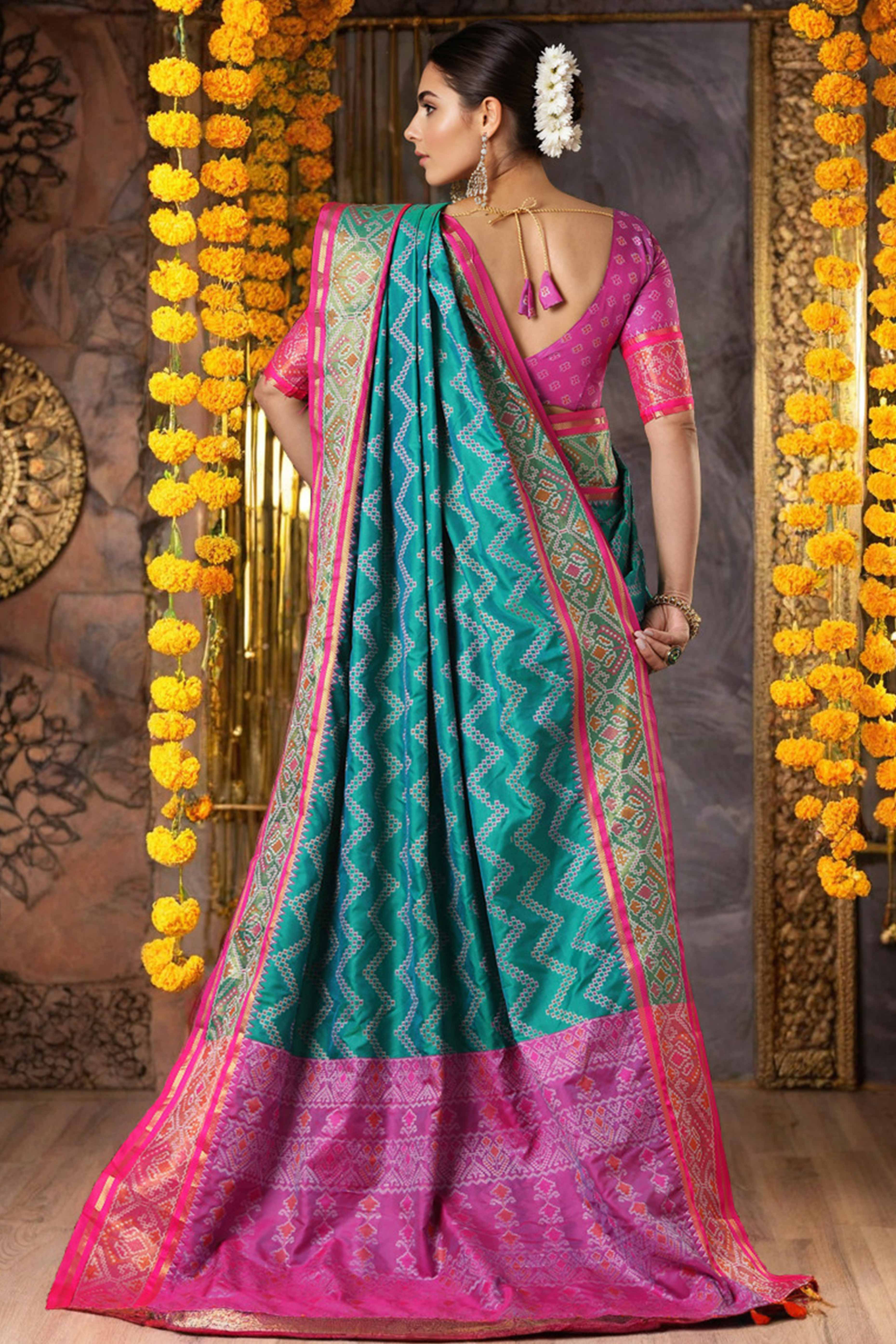 Rama Blue Silk Blend Saree With Traditional Zig Zag Patola Weaving & Tassel Pallu